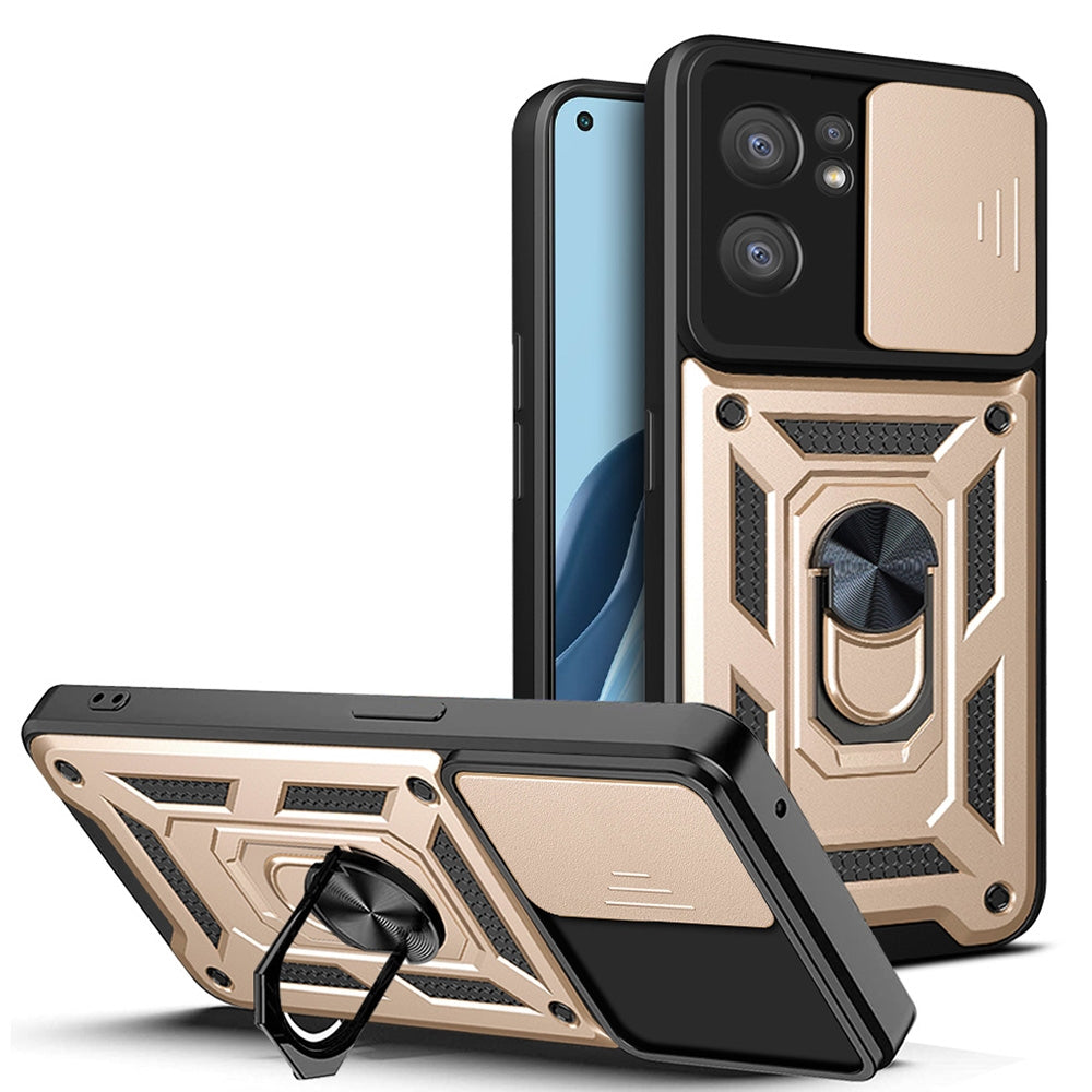 OPPO Reno7 5G Sliding Camera Cover Magnetic Ring Stand Shockproof TPU + PC Protective Phone Case