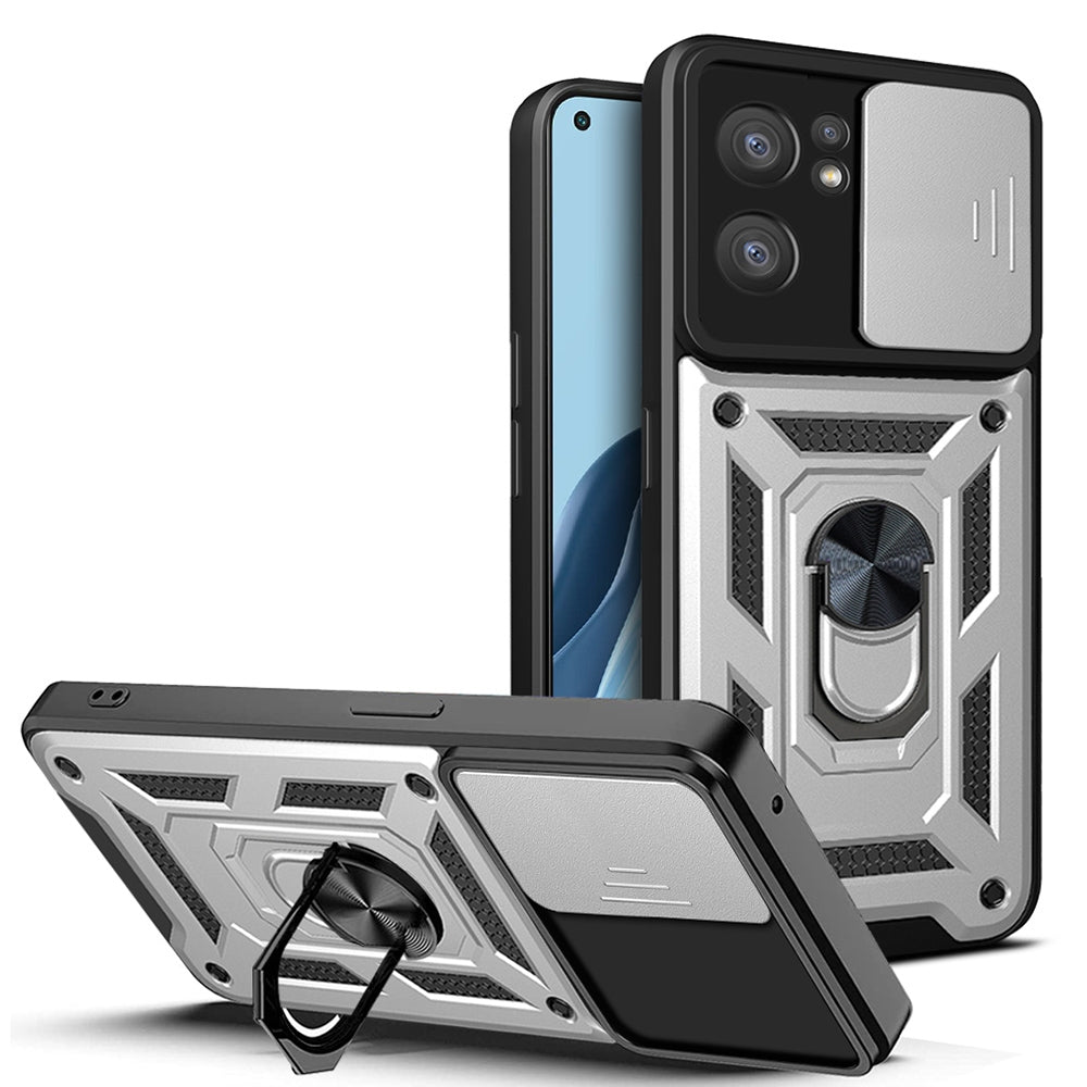 OPPO Reno7 5G Sliding Camera Cover Magnetic Ring Stand Shockproof TPU + PC Protective Phone Case
