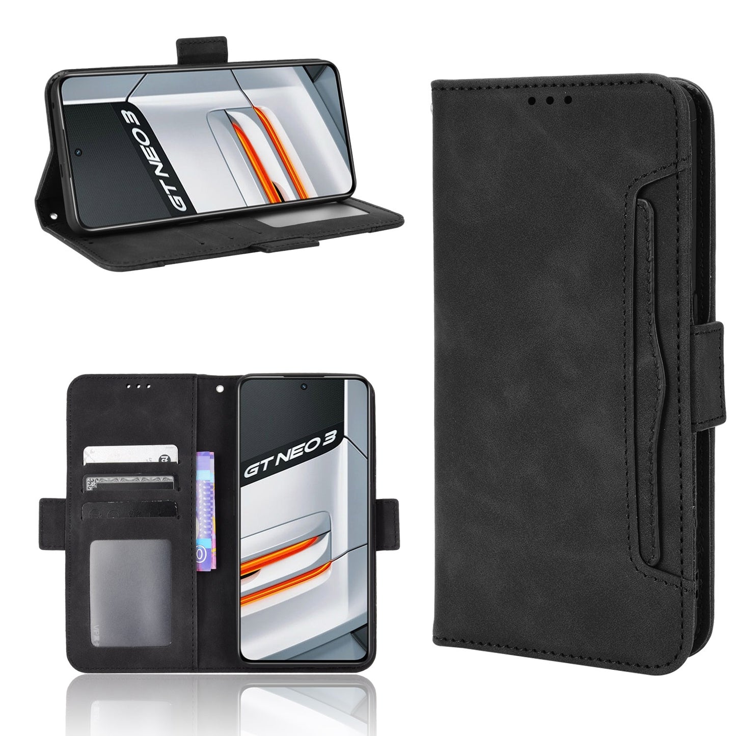 OPPO Realme GT Neo3 Skin Feel PU Leather Wallet Phone Case with Card Slots, Cash Pocket, Magnetic Closure, Built-In Stand, Full Protection TPU Cover
