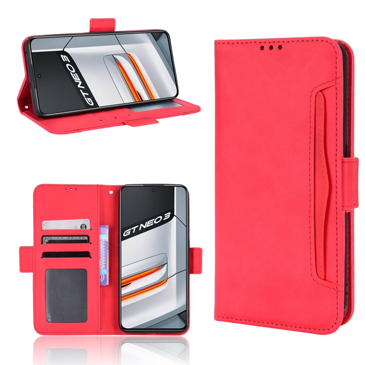 OPPO Realme GT Neo3 Skin Feel PU Leather Wallet Phone Case with Card Slots, Cash Pocket, Magnetic Closure, Built-In Stand, Full Protection TPU Cover