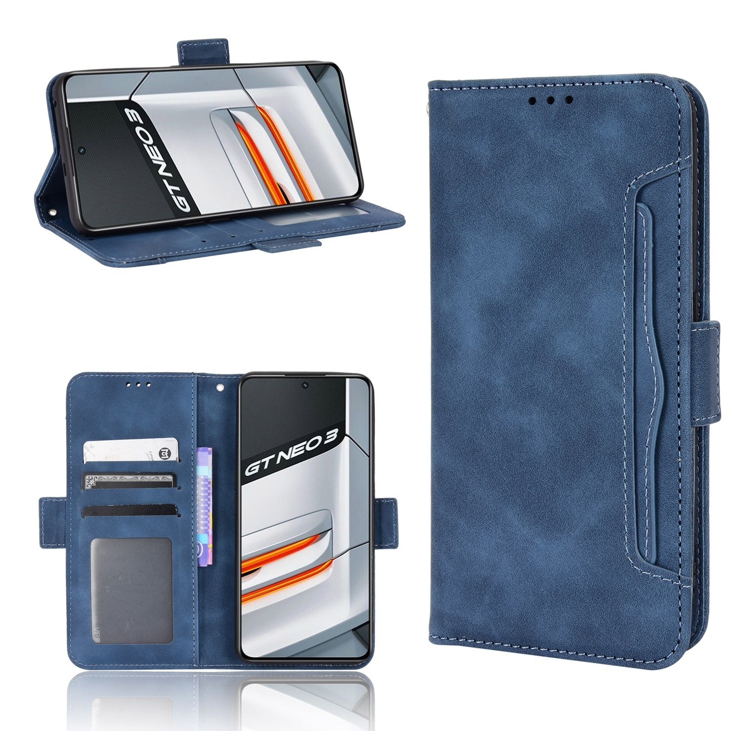 OPPO Realme GT Neo3 Skin Feel PU Leather Wallet Phone Case with Card Slots, Cash Pocket, Magnetic Closure, Built-In Stand, Full Protection TPU Cover