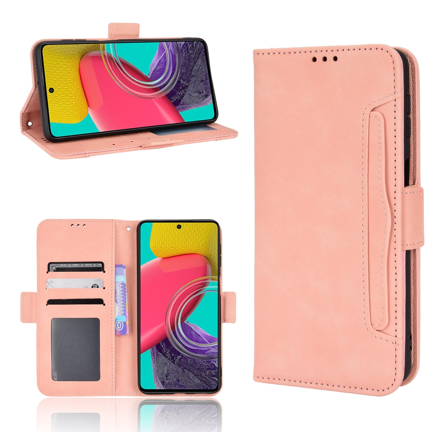 Samsung Galaxy M33 5G Skin Feel PU Leather Wallet Phone Case with Card Slots, Cash Pocket, Magnetic Closure, Built-In Stand, Full Protection TPU Cover