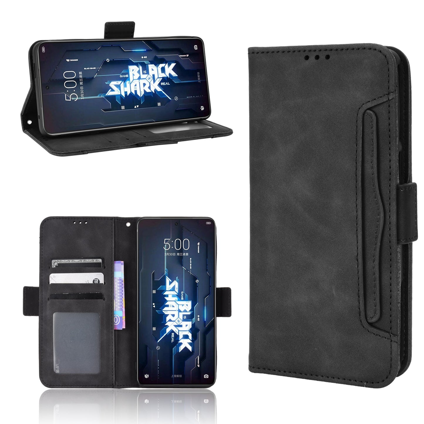 Xiaomi Black Shark 5 RS Skin Feel PU Leather Wallet Phone Case with Card Slots, Cash Pocket, Magnetic Closure, Built-In Stand, Full Protection TPU Cover