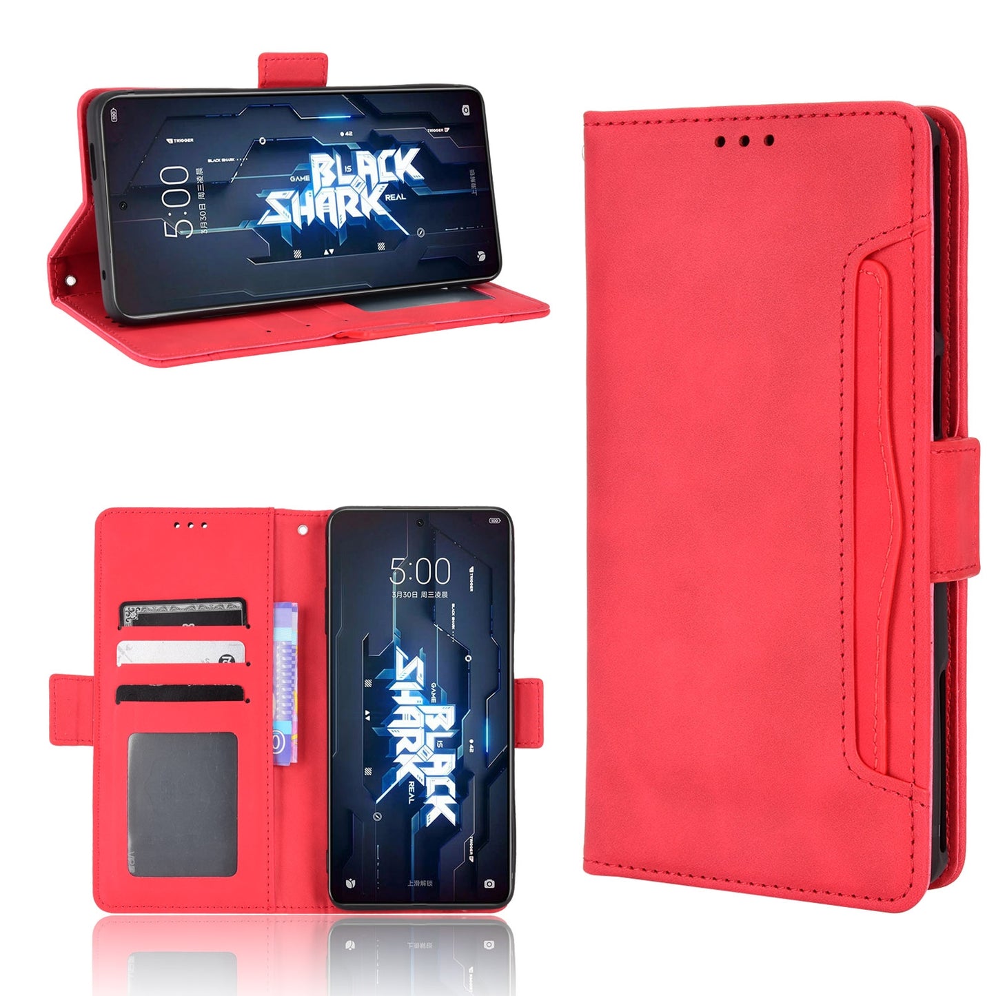 Xiaomi Black Shark 5 RS Skin Feel PU Leather Wallet Phone Case with Card Slots, Cash Pocket, Magnetic Closure, Built-In Stand, Full Protection TPU Cover