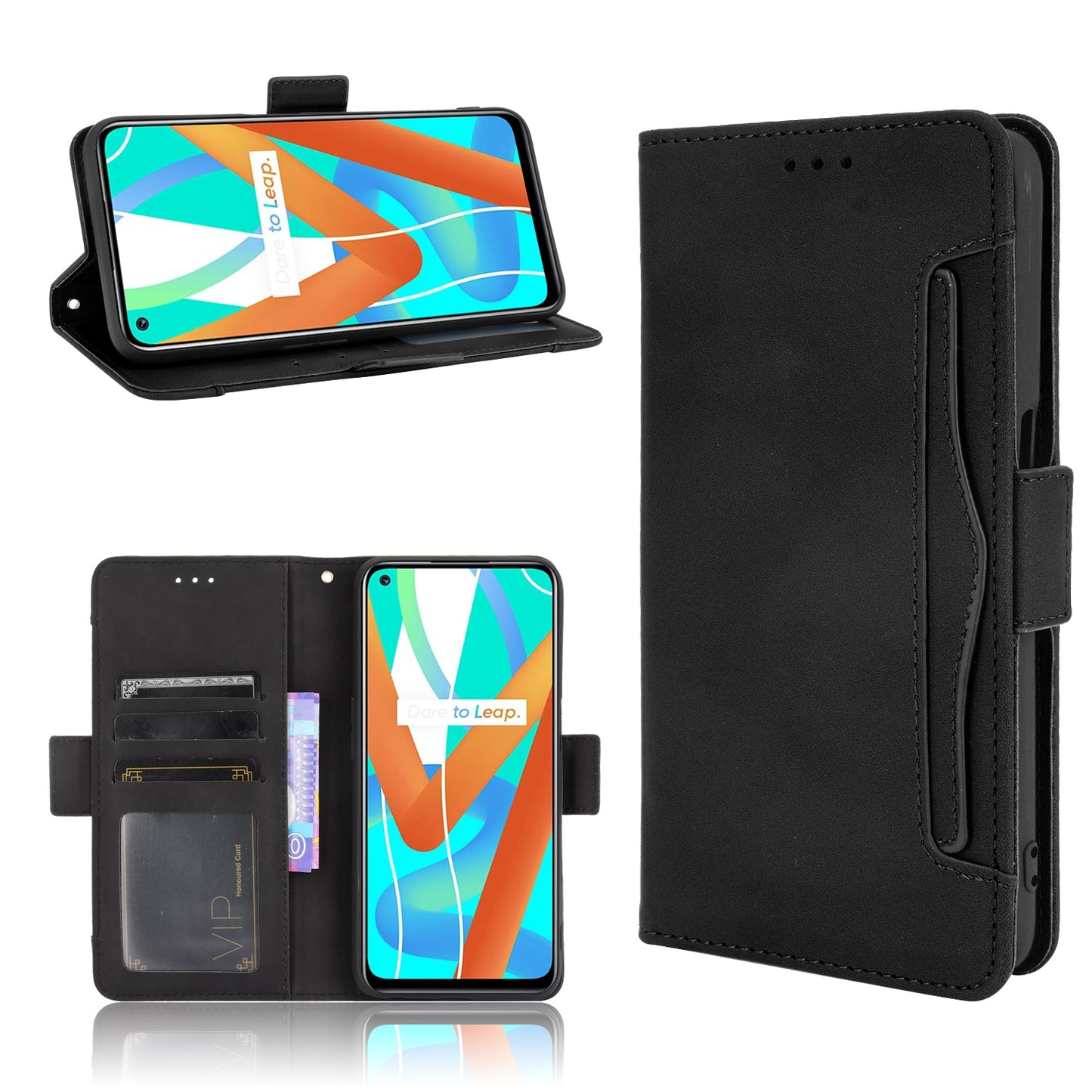 OPPO V13 5G Skin Feel PU Leather Wallet Phone Case with Card Slots, Cash Pocket, Magnetic Closure, Built-In Stand, Full Protection TPU Cover
