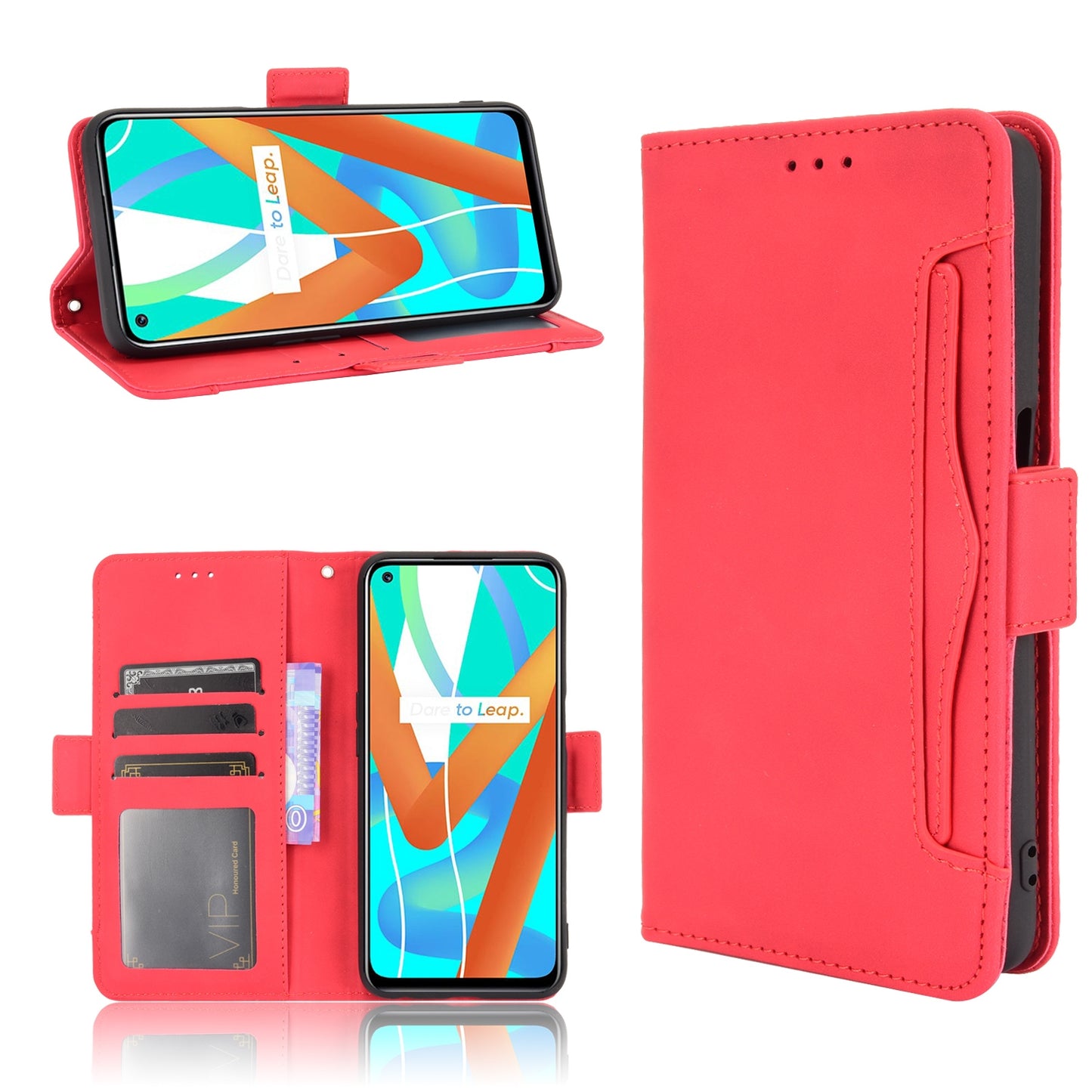 OPPO Realme 8 5G Skin Feel PU Leather Wallet Phone Case with Card Slots, Cash Pocket, Magnetic Closure, Built-In Stand, Full Protection TPU Cover