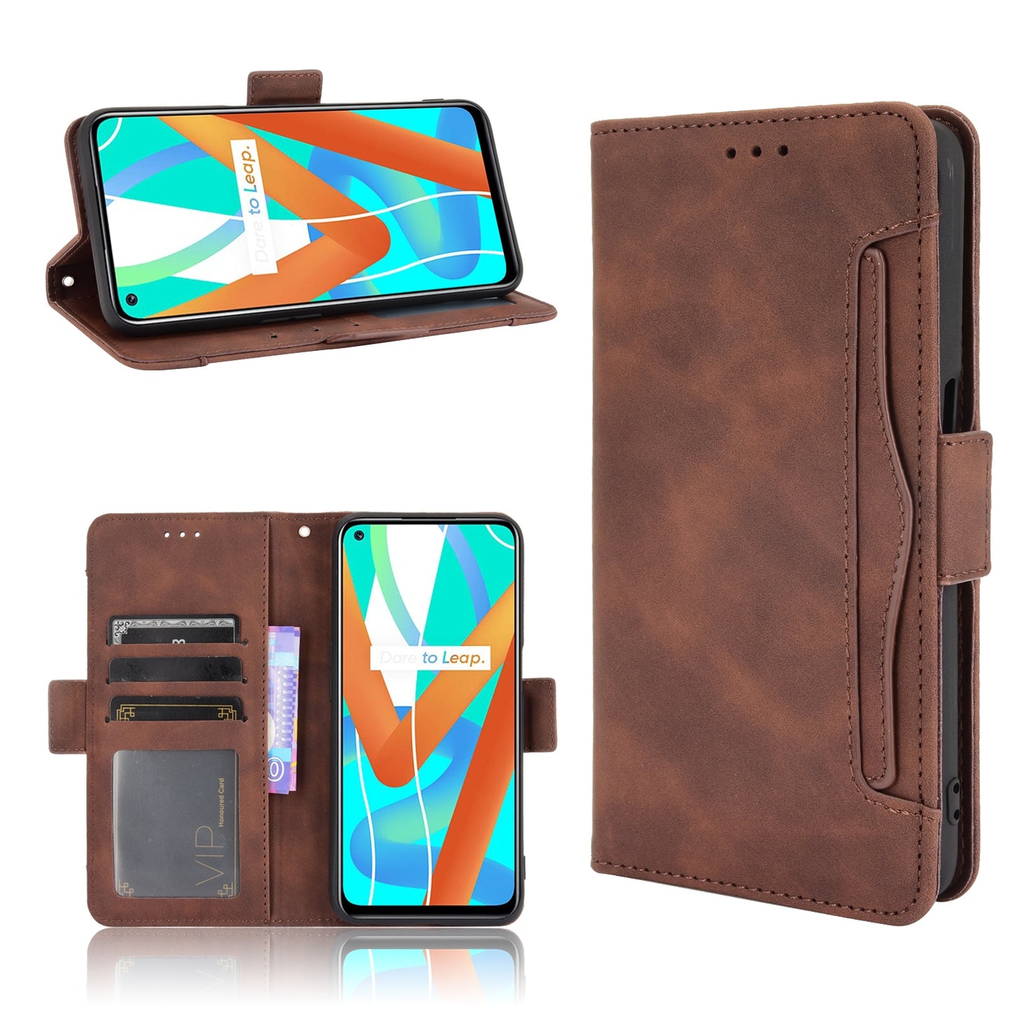 OPPO Realme 8 5G Skin Feel PU Leather Wallet Phone Case with Card Slots, Cash Pocket, Magnetic Closure, Built-In Stand, Full Protection TPU Cover