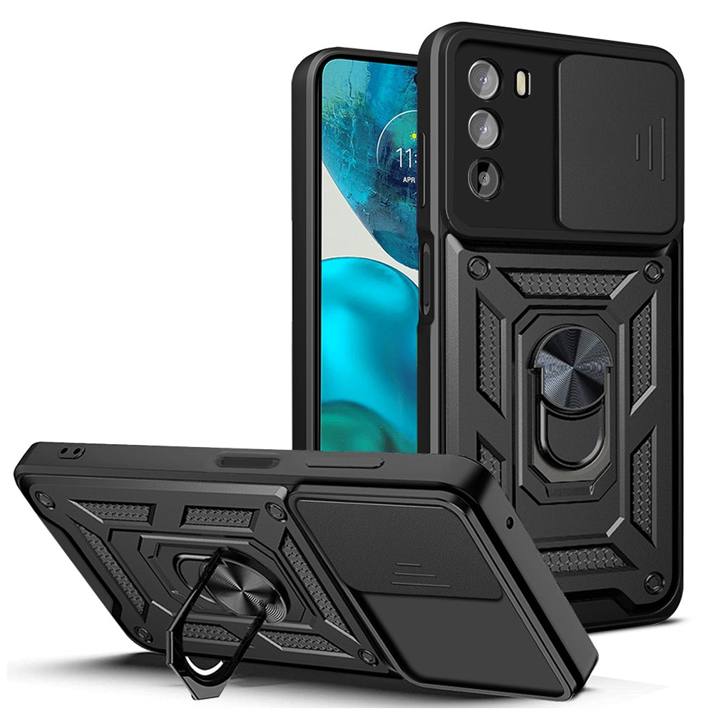 Motorola Moto G52 Sliding Camera Cover Magnetic Ring Stand Shockproof TPU + PC Protective Phone Case