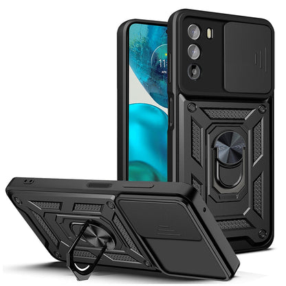 Motorola Moto G52 Sliding Camera Cover Magnetic Ring Stand Shockproof TPU + PC Protective Phone Case