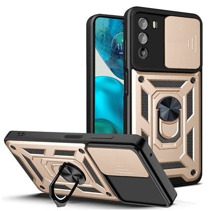 Motorola Moto G52 Sliding Camera Cover Magnetic Ring Stand Shockproof TPU + PC Protective Phone Case