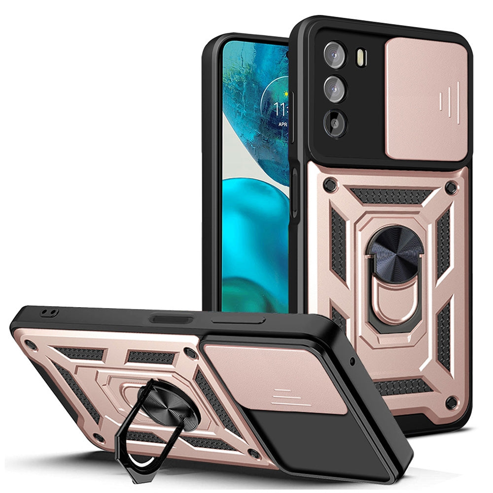Motorola Moto G52 Sliding Camera Cover Magnetic Ring Stand Shockproof TPU + PC Protective Phone Case