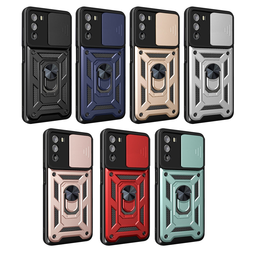 Motorola Moto G52 Sliding Camera Cover Magnetic Ring Stand Shockproof TPU + PC Protective Phone Case