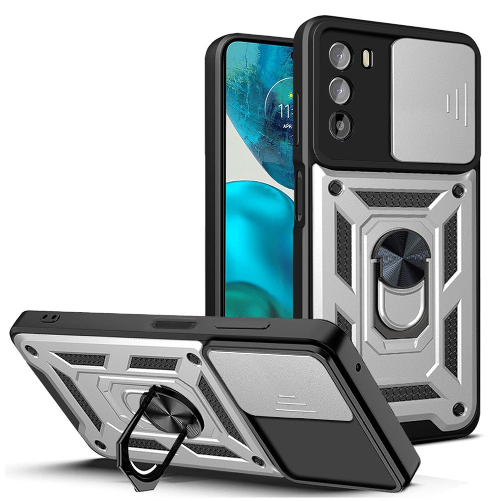 Motorola Moto G52 Sliding Camera Cover Magnetic Ring Stand Shockproof TPU + PC Protective Phone Case