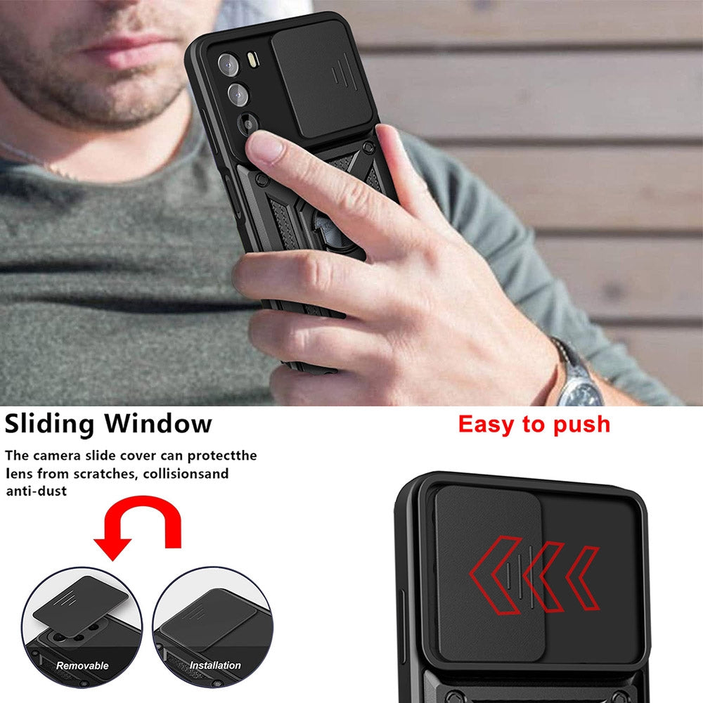 Motorola Moto G52 Sliding Camera Cover Magnetic Ring Stand Shockproof TPU + PC Protective Phone Case