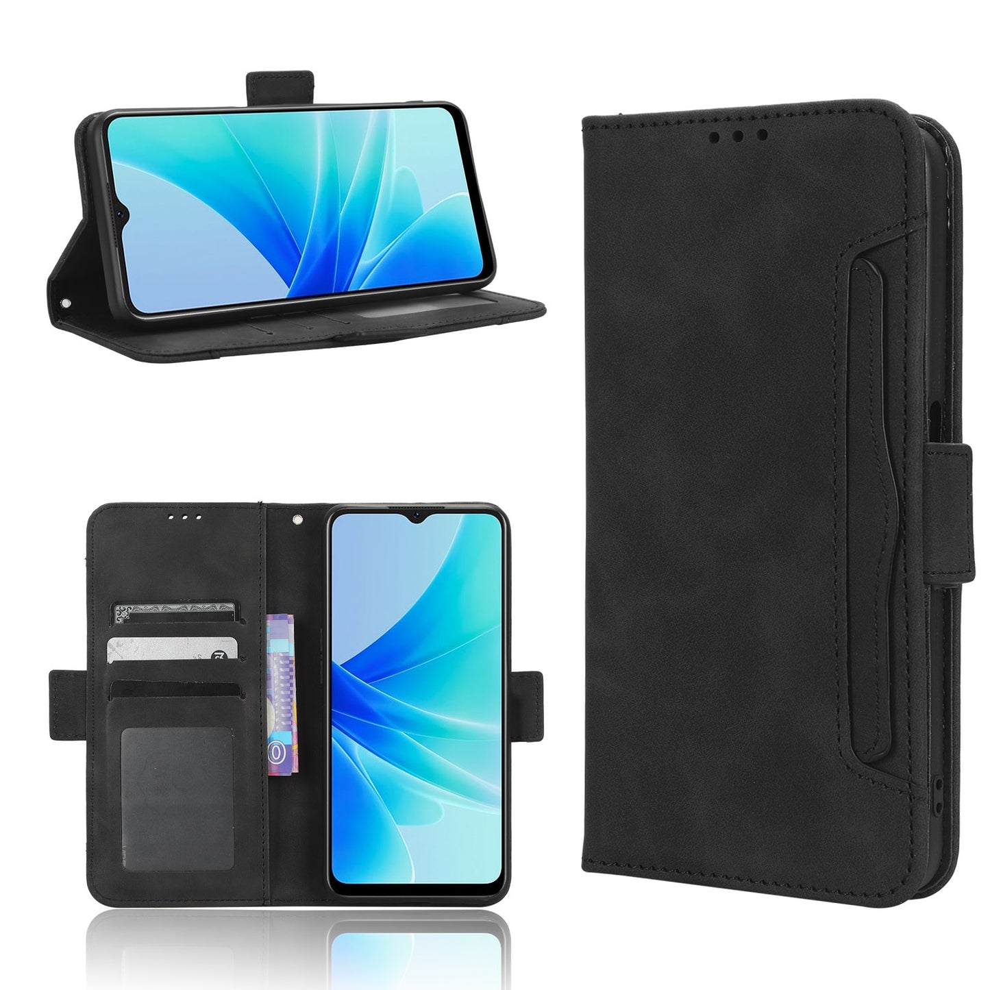 OPPO A57 5G Skin Feel PU Leather Wallet Phone Case with Card Slots, Cash Pocket, Magnetic Closure, Built-In Stand, Full Protection TPU Cover