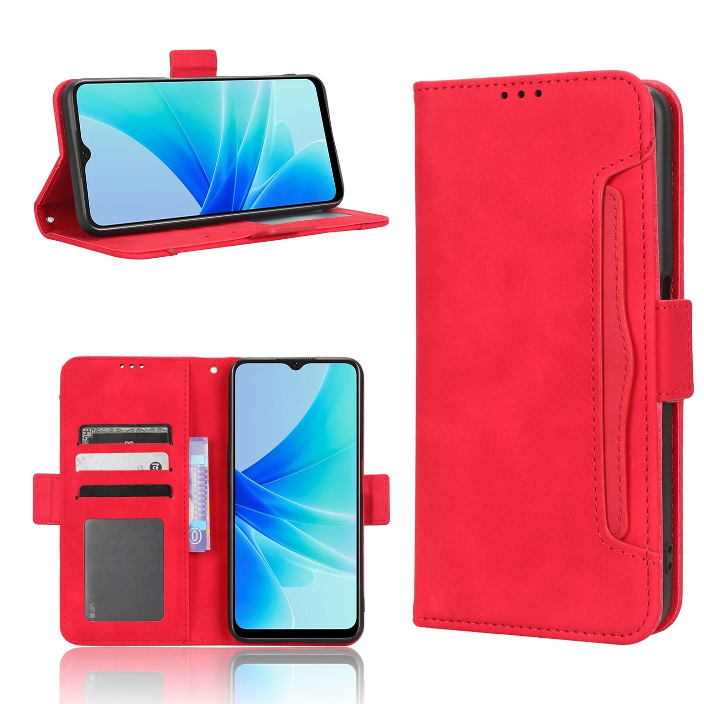 OPPO A57 4G Skin Feel PU Leather Wallet Phone Case with Card Slots, Cash Pocket, Magnetic Closure, Built-In Stand, Full Protection TPU Cover