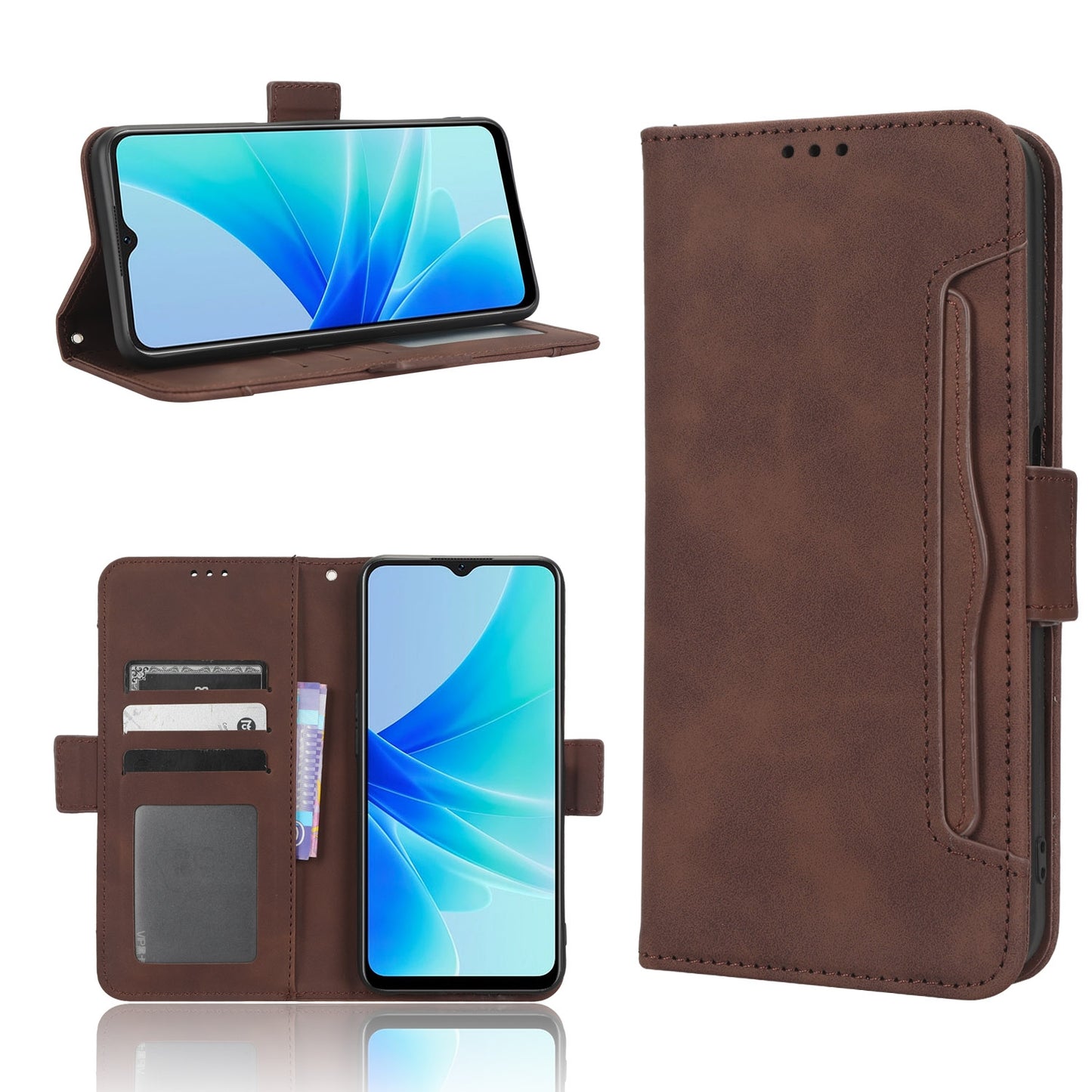 OPPO A57 5G Skin Feel PU Leather Wallet Phone Case with Card Slots, Cash Pocket, Magnetic Closure, Built-In Stand, Full Protection TPU Cover