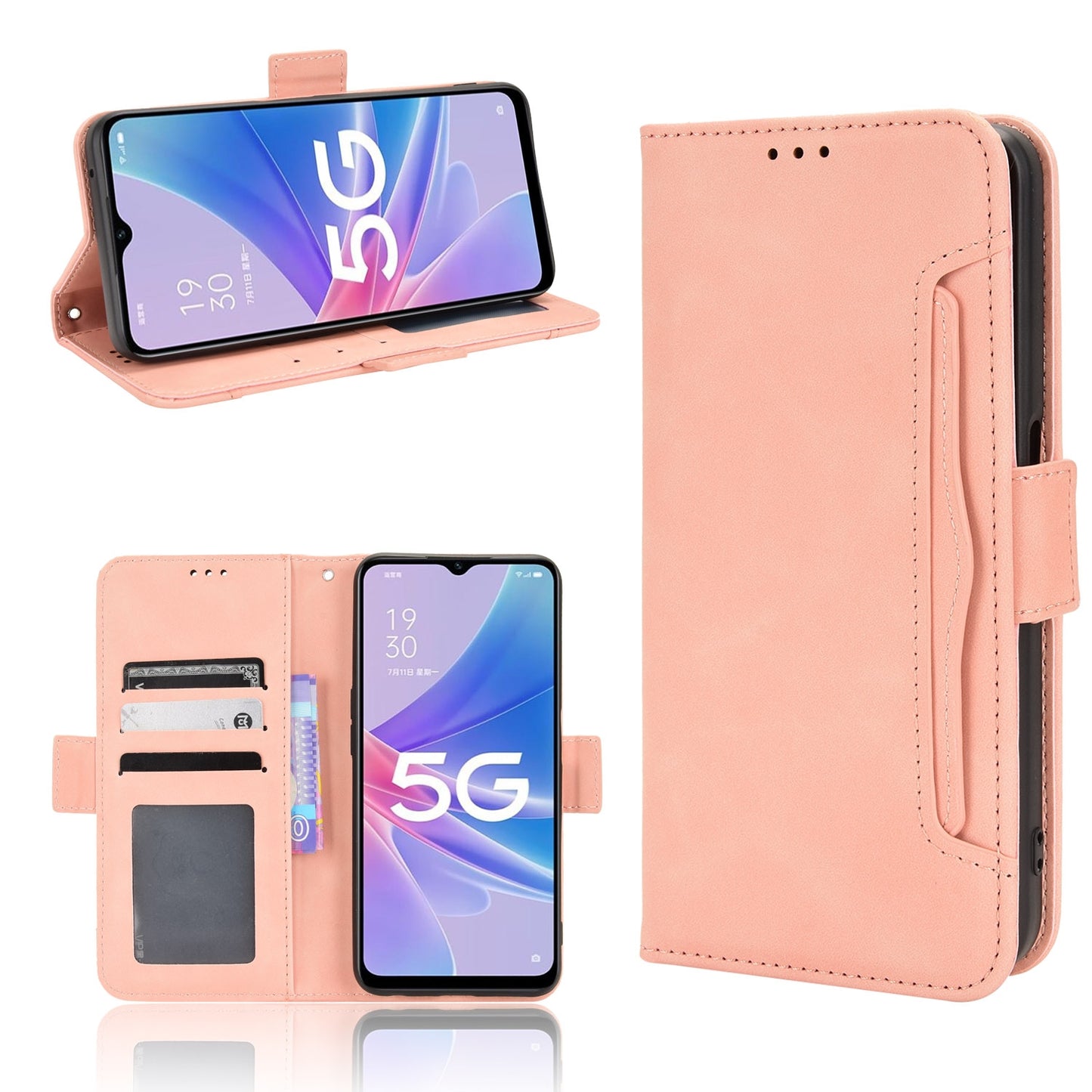OPPO A97 5G Skin Feel PU Leather Wallet Phone Case with Card Slots, Cash Pocket, Magnetic Closure, Built-In Stand, Full Protection TPU Cover