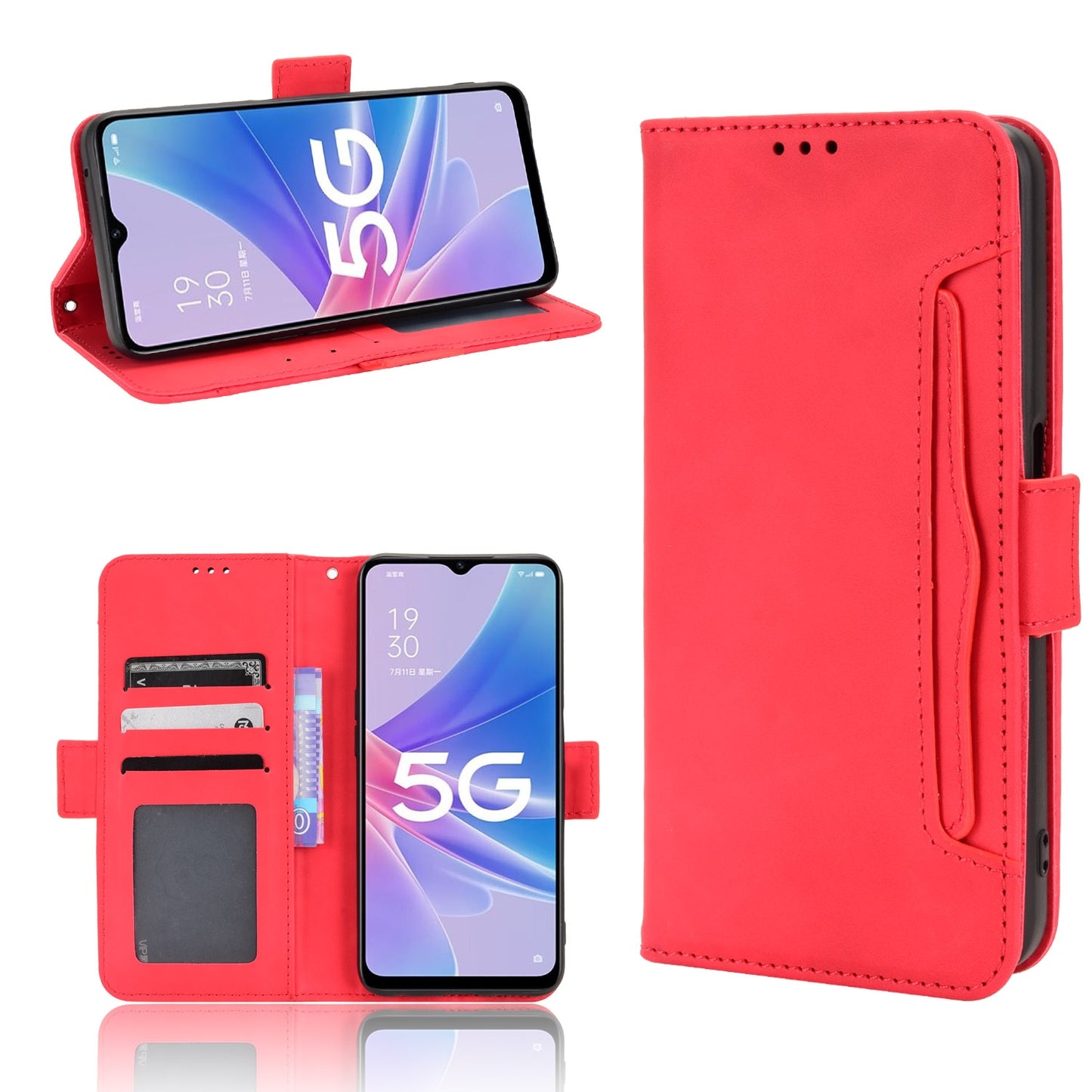OPPO A97 5G Skin Feel PU Leather Wallet Phone Case with Card Slots, Cash Pocket, Magnetic Closure, Built-In Stand, Full Protection TPU Cover