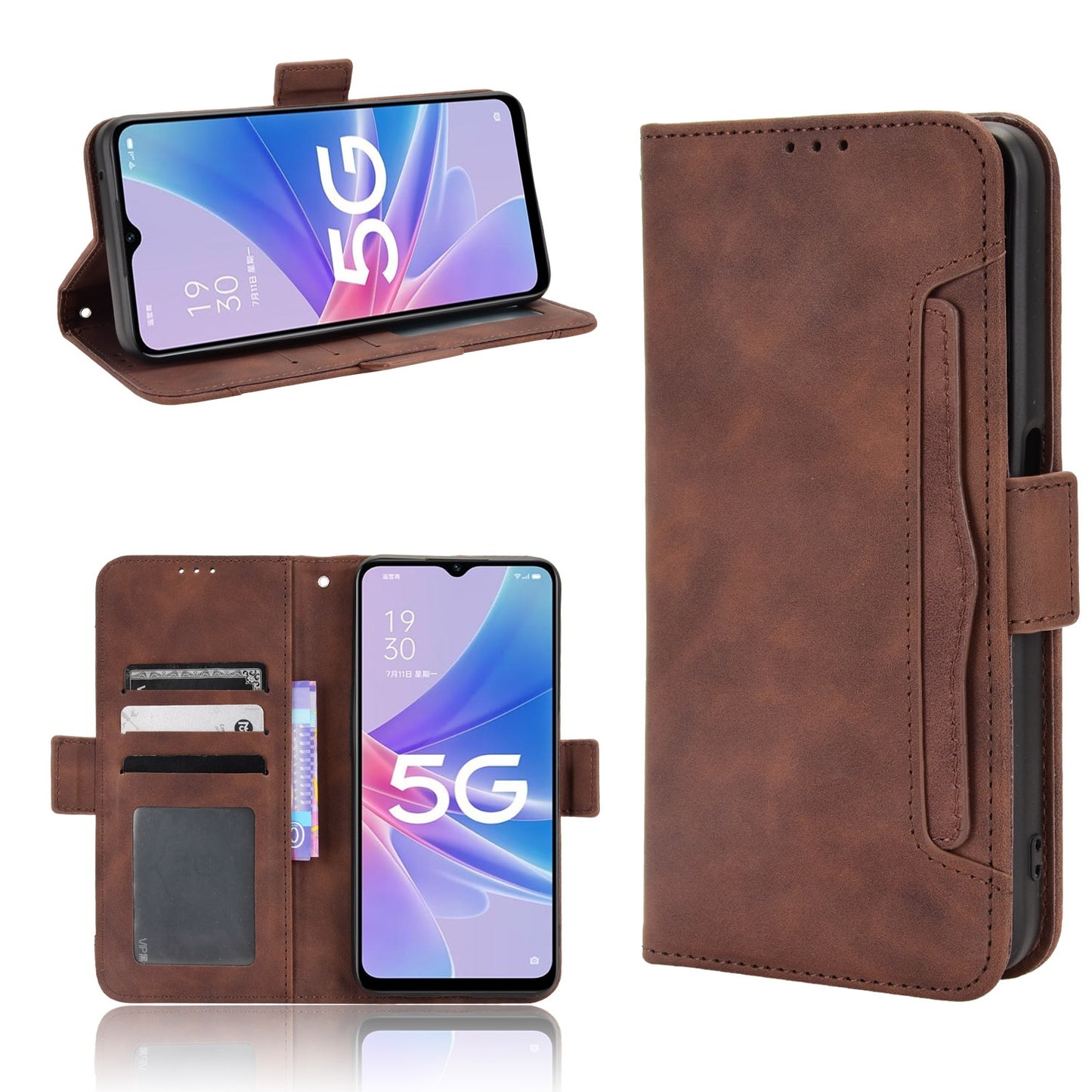 OPPO A97 5G Skin Feel PU Leather Wallet Phone Case with Card Slots, Cash Pocket, Magnetic Closure, Built-In Stand, Full Protection TPU Cover