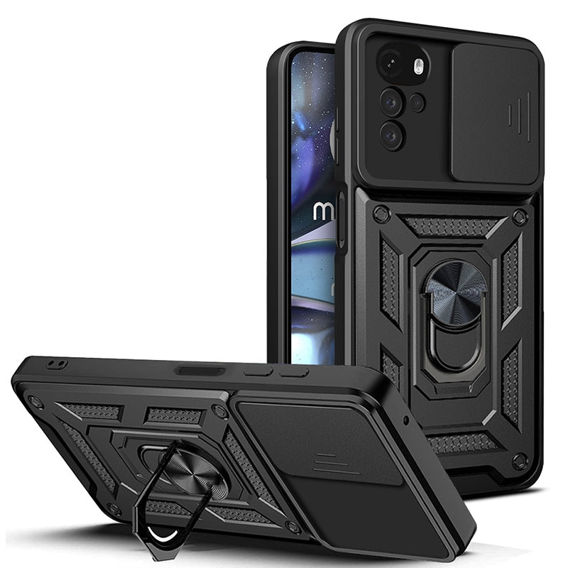 Motorola Moto G22 Sliding Camera Cover Magnetic Ring Stand Shockproof TPU + PC Protective Phone Case