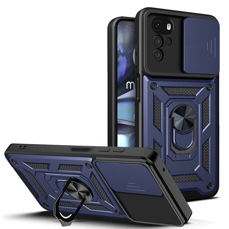 Motorola Moto G22 Sliding Camera Cover Magnetic Ring Stand Shockproof TPU + PC Protective Phone Case