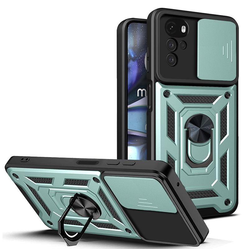 Motorola Moto G22 Sliding Camera Cover Magnetic Ring Stand Shockproof TPU + PC Protective Phone Case