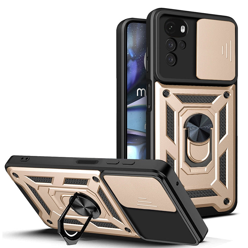 Motorola Moto G22 Sliding Camera Cover Magnetic Ring Stand Shockproof TPU + PC Protective Phone Case