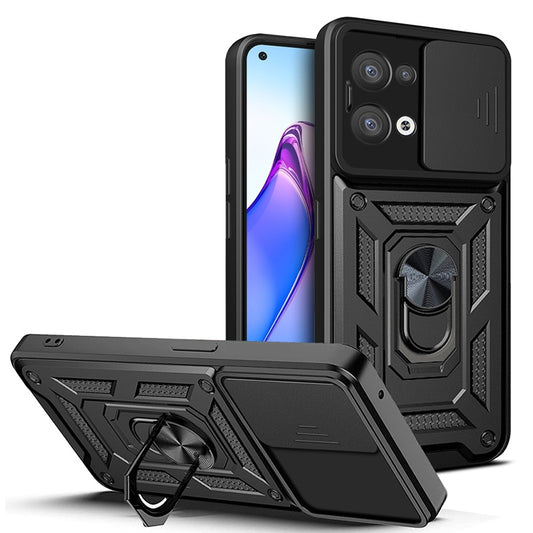 OPPO Reno8 5G Sliding Camera Cover Magnetic Ring Stand Shockproof TPU + PC Protective Phone Case