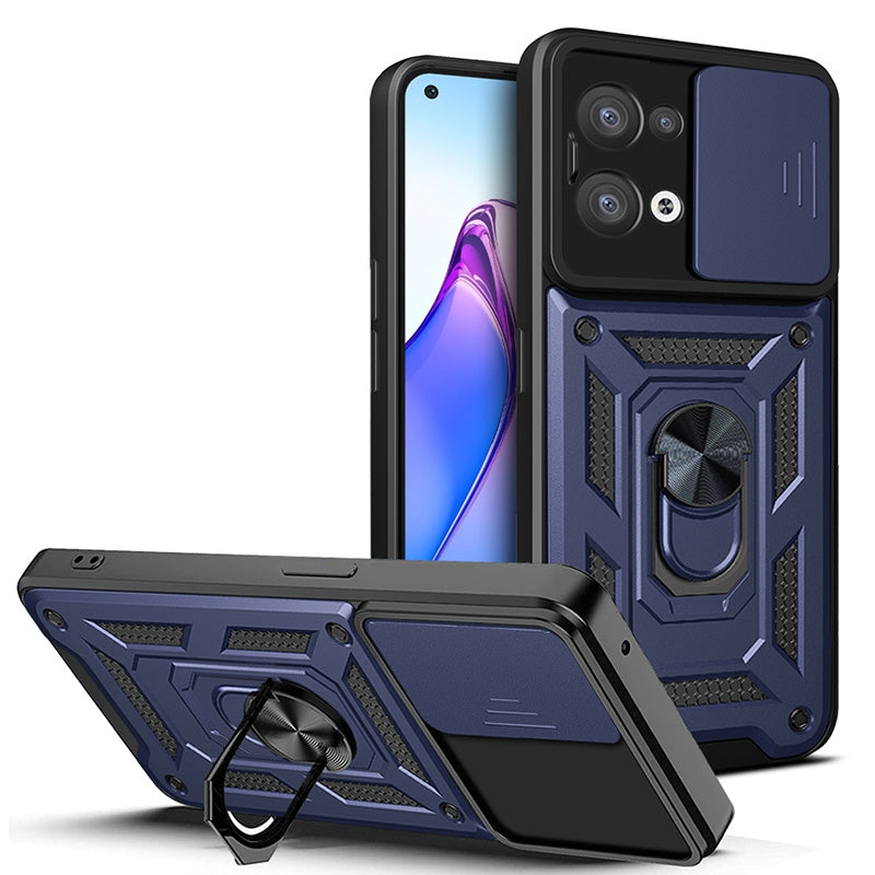 OPPO Reno8 5G Sliding Camera Cover Magnetic Ring Stand Shockproof TPU + PC Protective Phone Case