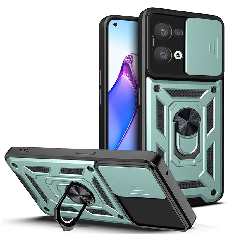 OPPO Reno8 5G Sliding Camera Cover Magnetic Ring Stand Shockproof TPU + PC Protective Phone Case