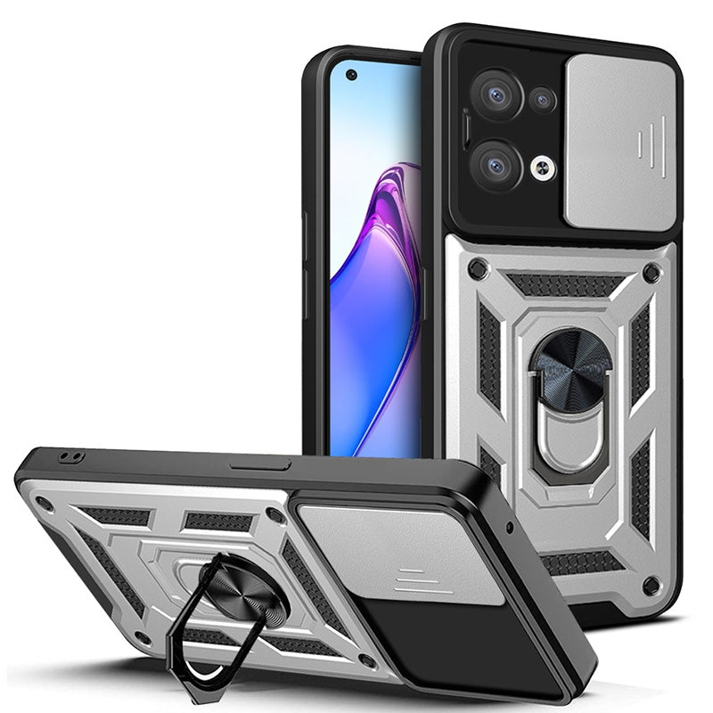 OPPO Reno8 5G Sliding Camera Cover Magnetic Ring Stand Shockproof TPU + PC Protective Phone Case