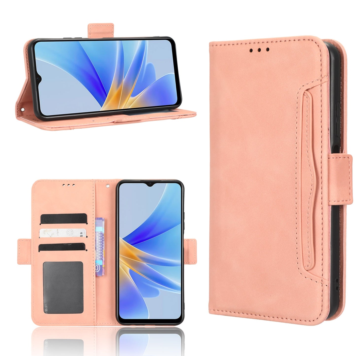 OPPO A17 Skin Feel PU Leather Wallet Phone Case with Card Slots, Cash Pocket, Magnetic Closure, Built-In Stand, Full Protection TPU Cover