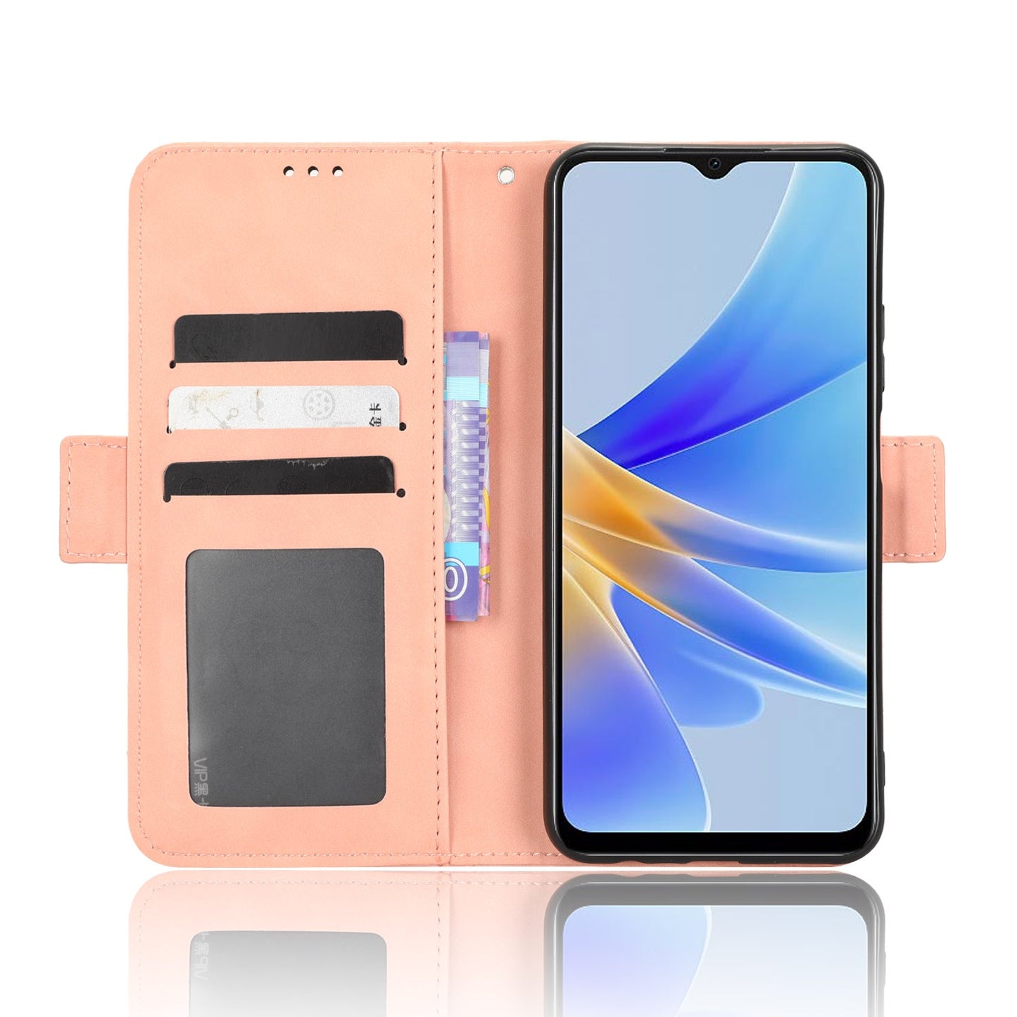 OPPO A17 Skin Feel PU Leather Wallet Phone Case with Card Slots, Cash Pocket, Magnetic Closure, Built-In Stand, Full Protection TPU Cover