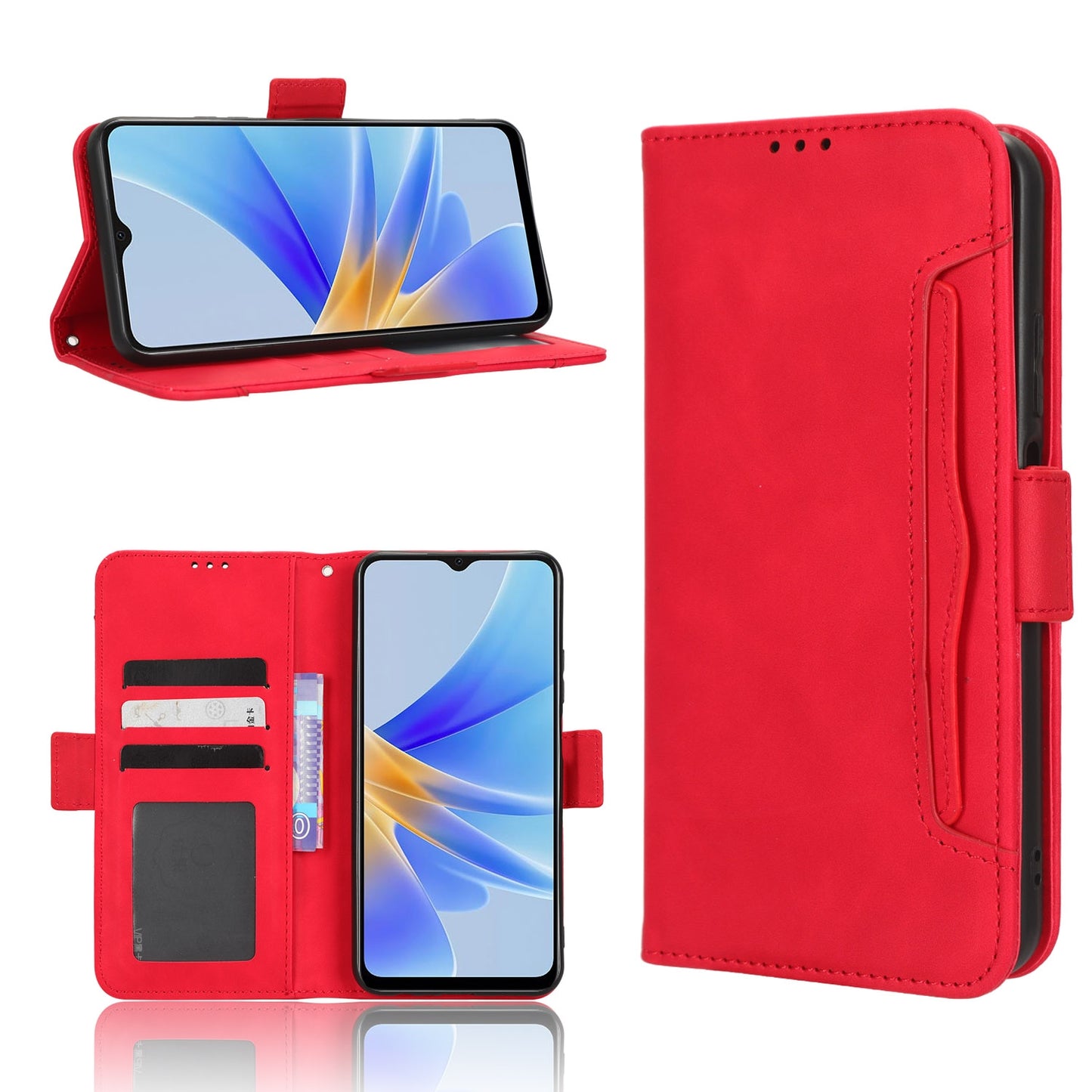 OPPO A17 Skin Feel PU Leather Wallet Phone Case with Card Slots, Cash Pocket, Magnetic Closure, Built-In Stand, Full Protection TPU Cover