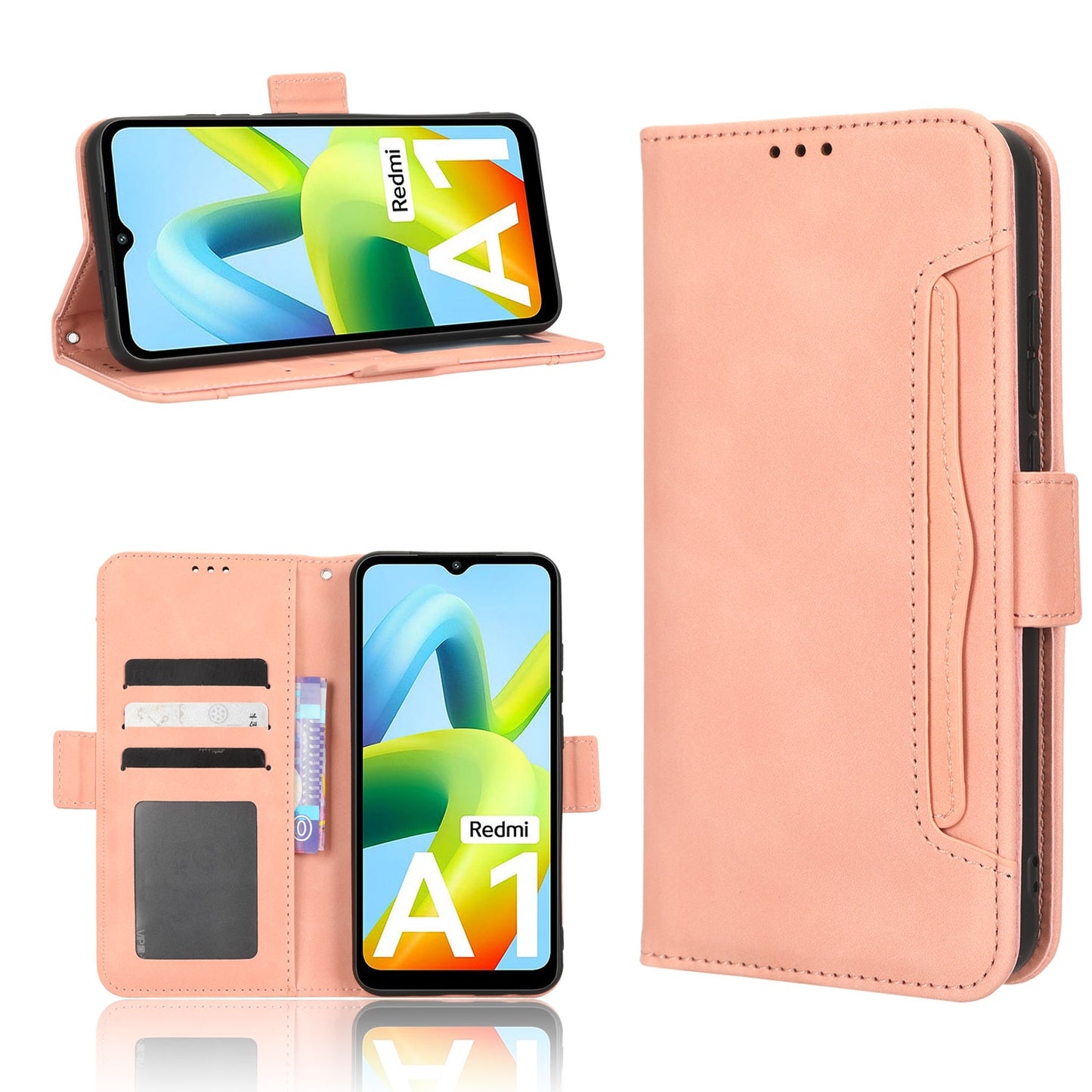 Xiaomi Redmi A1 Skin Feel PU Leather Wallet Phone Case with Card Slots, Cash Pocket, Magnetic Closure, Built-In Stand, Full Protection TPU Cover