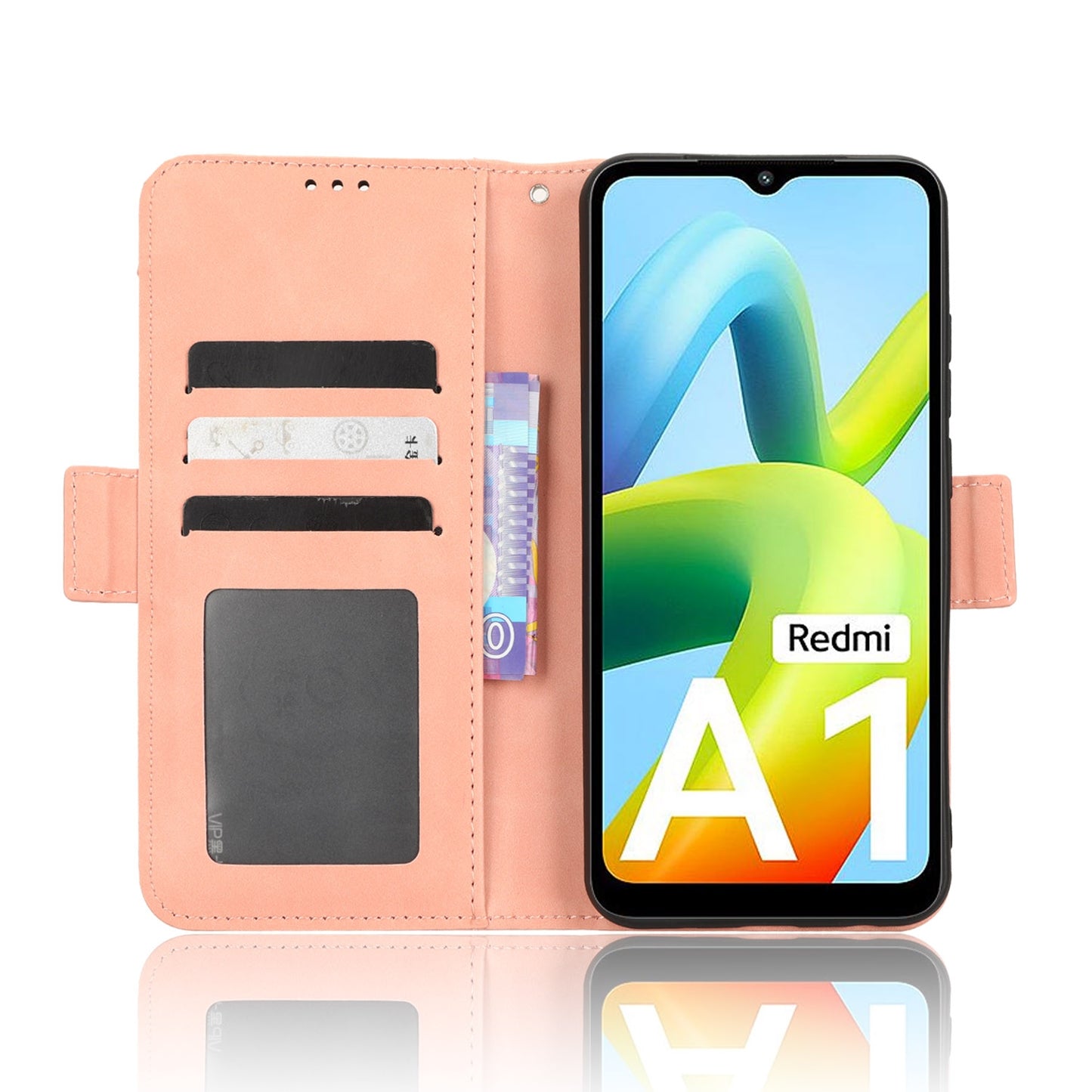 Xiaomi Redmi A1 Skin Feel PU Leather Wallet Phone Case with Card Slots, Cash Pocket, Magnetic Closure, Built-In Stand, Full Protection TPU Cover