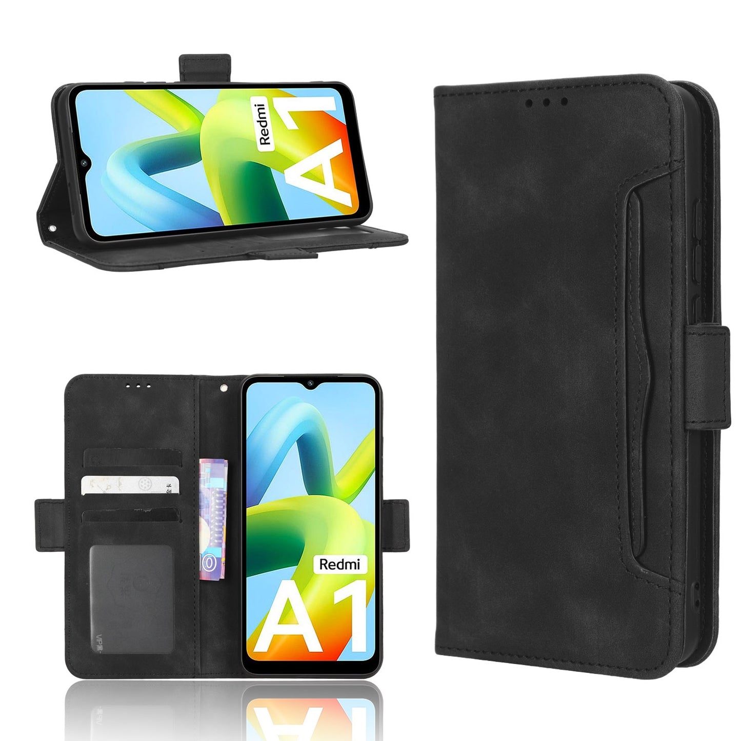Xiaomi Redmi A1 Skin Feel PU Leather Wallet Phone Case with Card Slots, Cash Pocket, Magnetic Closure, Built-In Stand, Full Protection TPU Cover