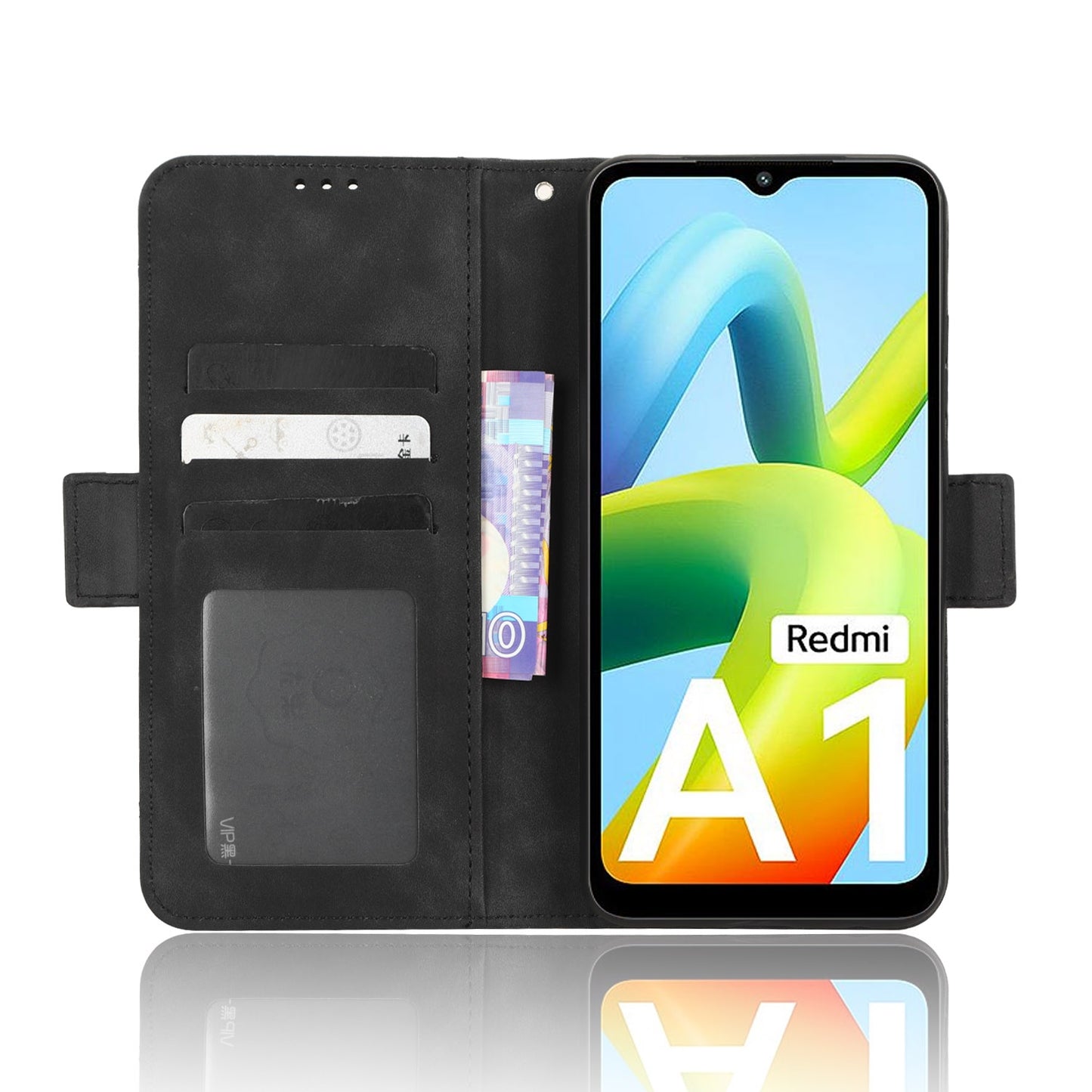 Xiaomi Redmi A1 Skin Feel PU Leather Wallet Phone Case with Card Slots, Cash Pocket, Magnetic Closure, Built-In Stand, Full Protection TPU Cover
