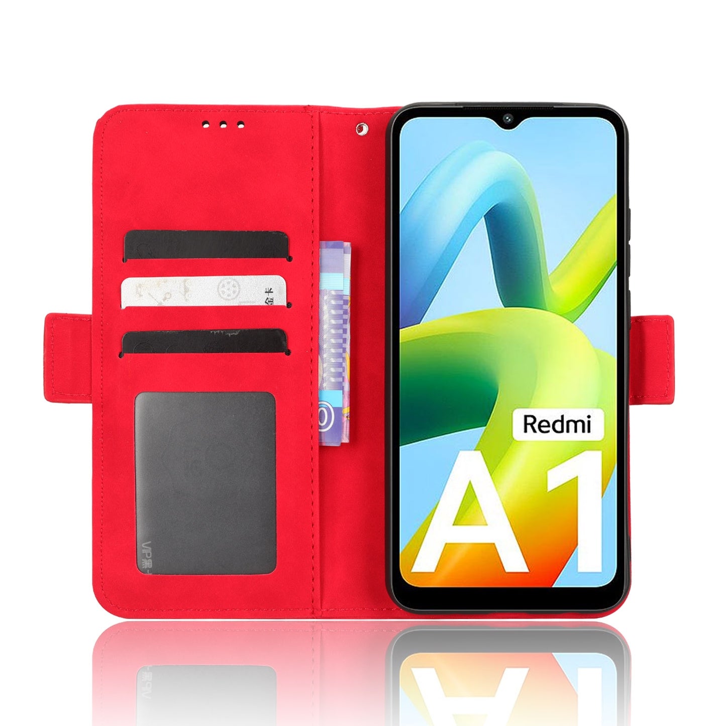 Xiaomi Redmi A1 Skin Feel PU Leather Wallet Phone Case with Card Slots, Cash Pocket, Magnetic Closure, Built-In Stand, Full Protection TPU Cover