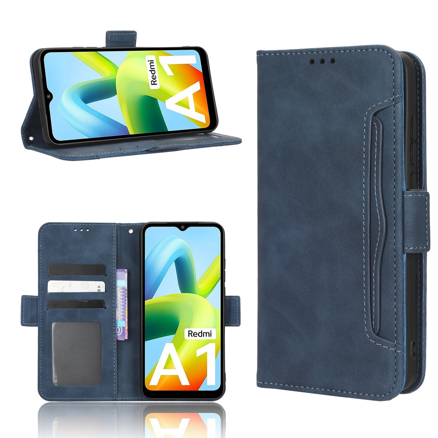 Xiaomi Redmi A1 Skin Feel PU Leather Wallet Phone Case with Card Slots, Cash Pocket, Magnetic Closure, Built-In Stand, Full Protection TPU Cover