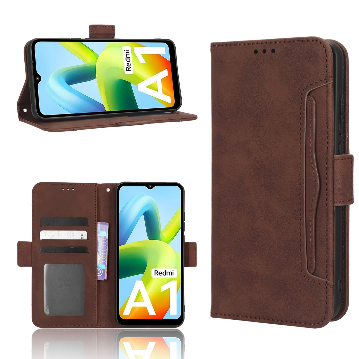 Xiaomi Redmi A1 Skin Feel PU Leather Wallet Phone Case with Card Slots, Cash Pocket, Magnetic Closure, Built-In Stand, Full Protection TPU Cover