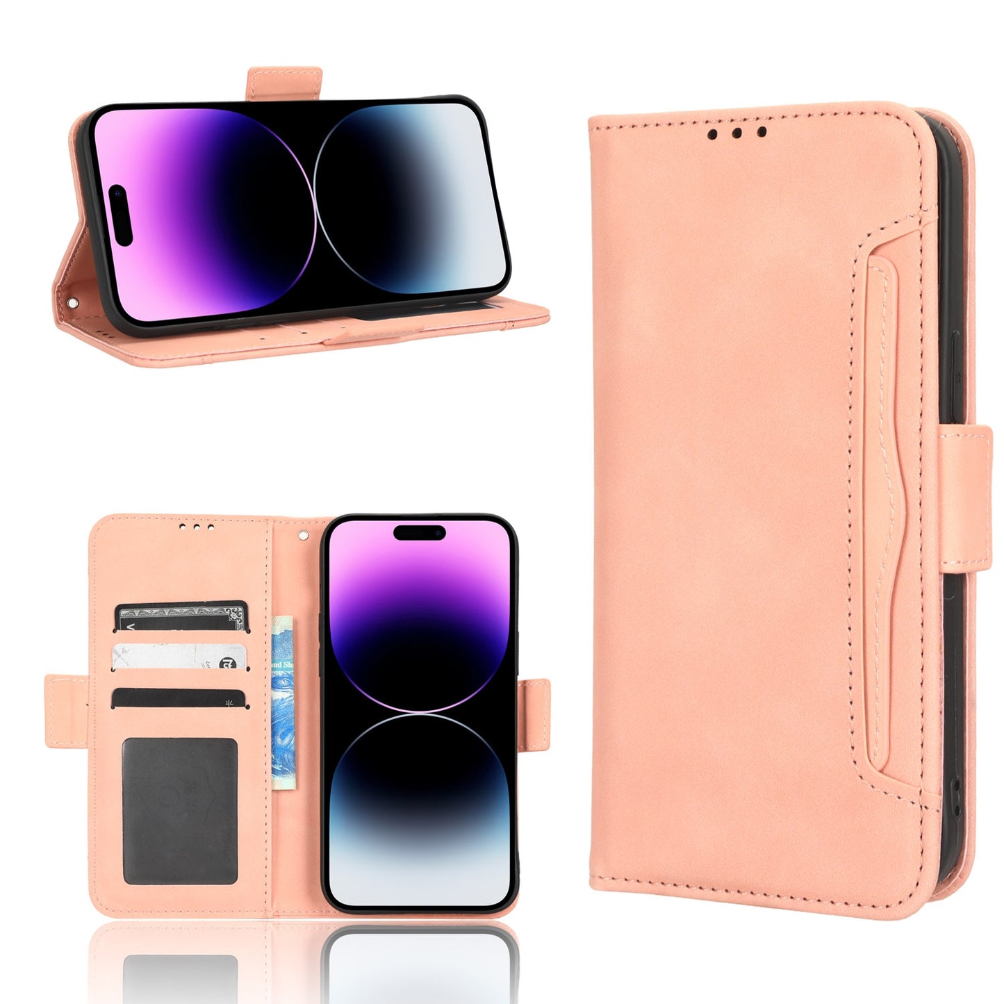 Apple iPhone 14 Pro Max Skin Feel PU Leather Wallet Phone Case with Card Slots, Cash Pocket, Magnetic Closure, Built-In Stand, Full Protection TPU Cover