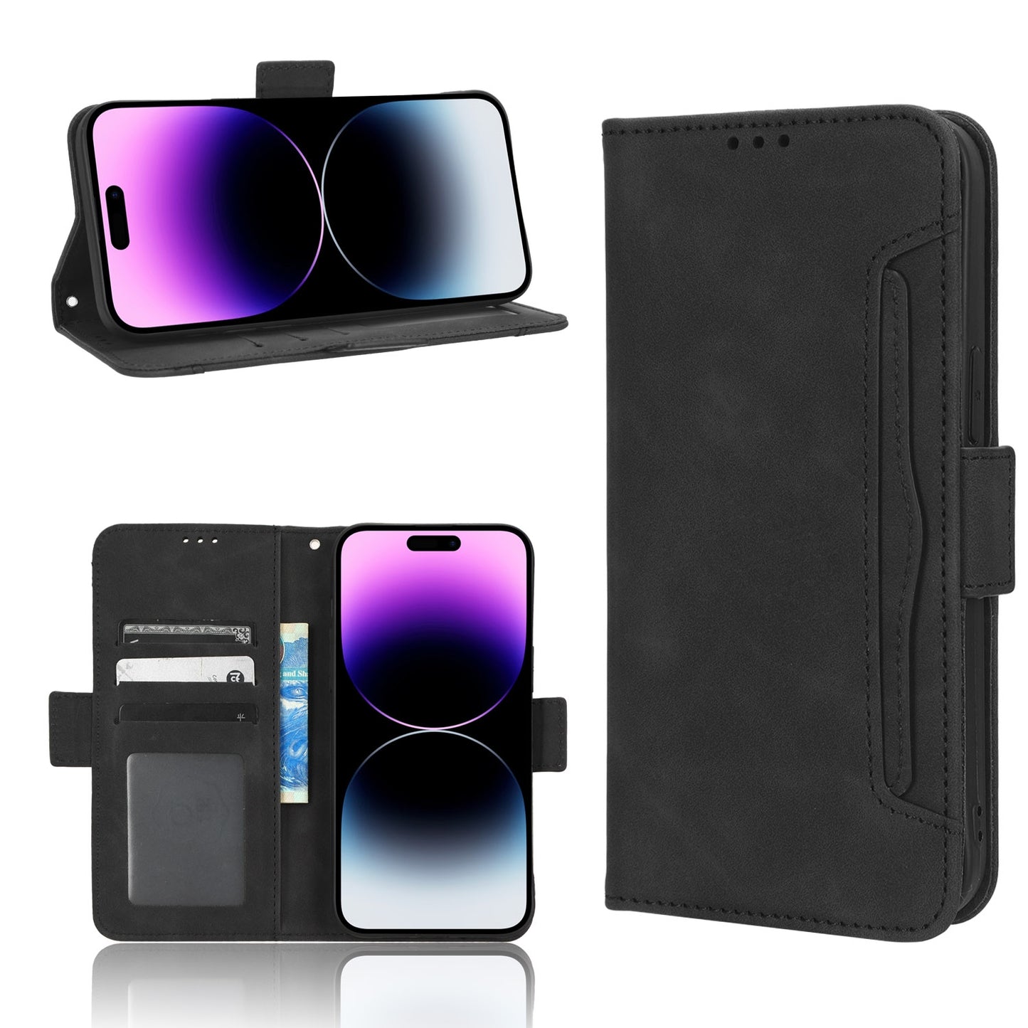Apple iPhone 14 Pro Max Skin Feel PU Leather Wallet Phone Case with Card Slots, Cash Pocket, Magnetic Closure, Built-In Stand, Full Protection TPU Cover