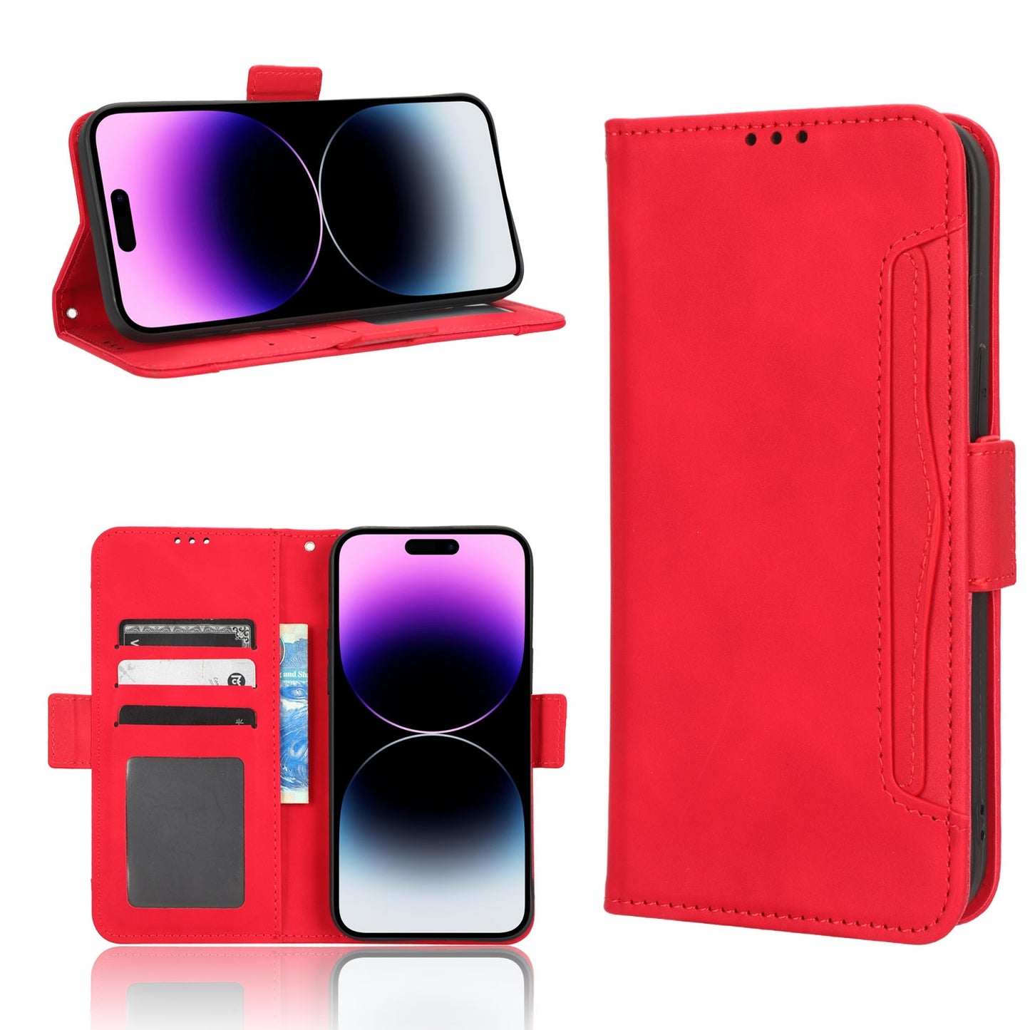 Apple iPhone 14 Pro Max Skin Feel PU Leather Wallet Phone Case with Card Slots, Cash Pocket, Magnetic Closure, Built-In Stand, Full Protection TPU Cover