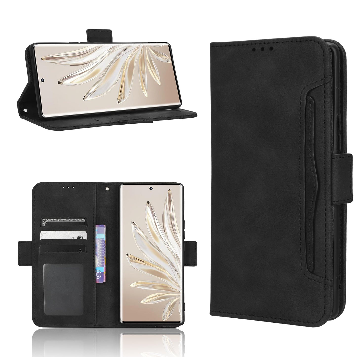 Honor 70 5G Skin Feel PU Leather Wallet Phone Case with Card Slots, Cash Pocket, Magnetic Closure, Built-In Stand, Full Protection TPU Cover