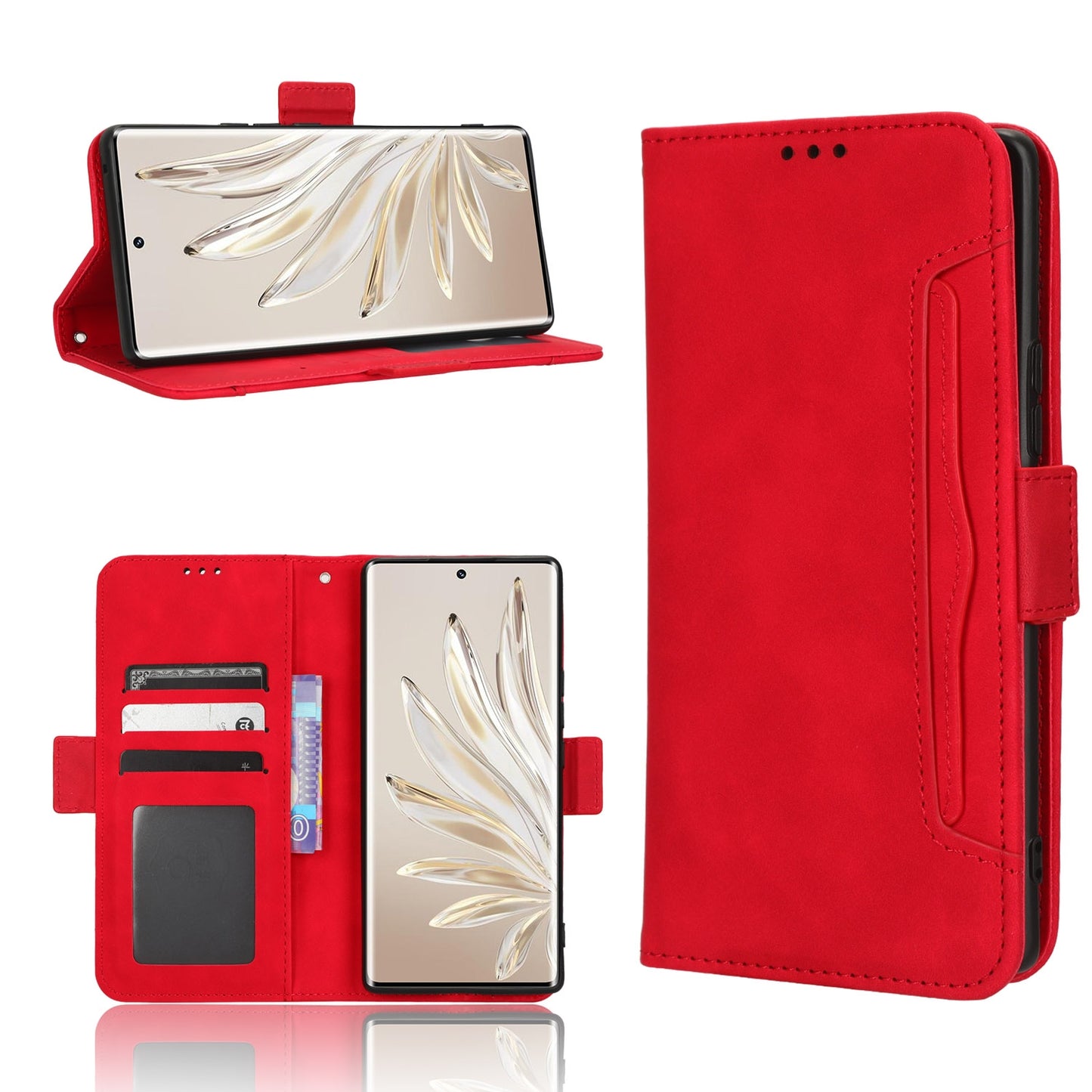 Honor 70 5G Skin Feel PU Leather Wallet Phone Case with Card Slots, Cash Pocket, Magnetic Closure, Built-In Stand, Full Protection TPU Cover