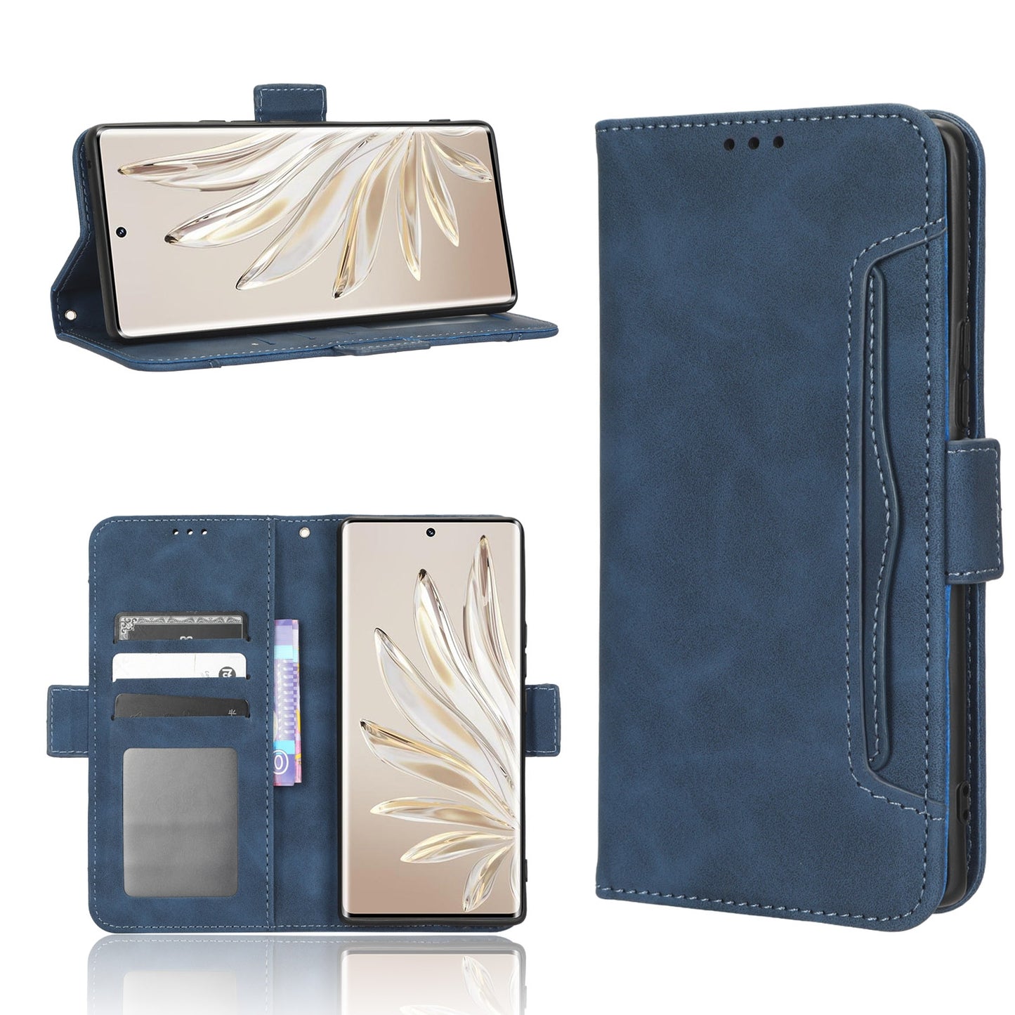 Honor 70 5G Skin Feel PU Leather Wallet Phone Case with Card Slots, Cash Pocket, Magnetic Closure, Built-In Stand, Full Protection TPU Cover