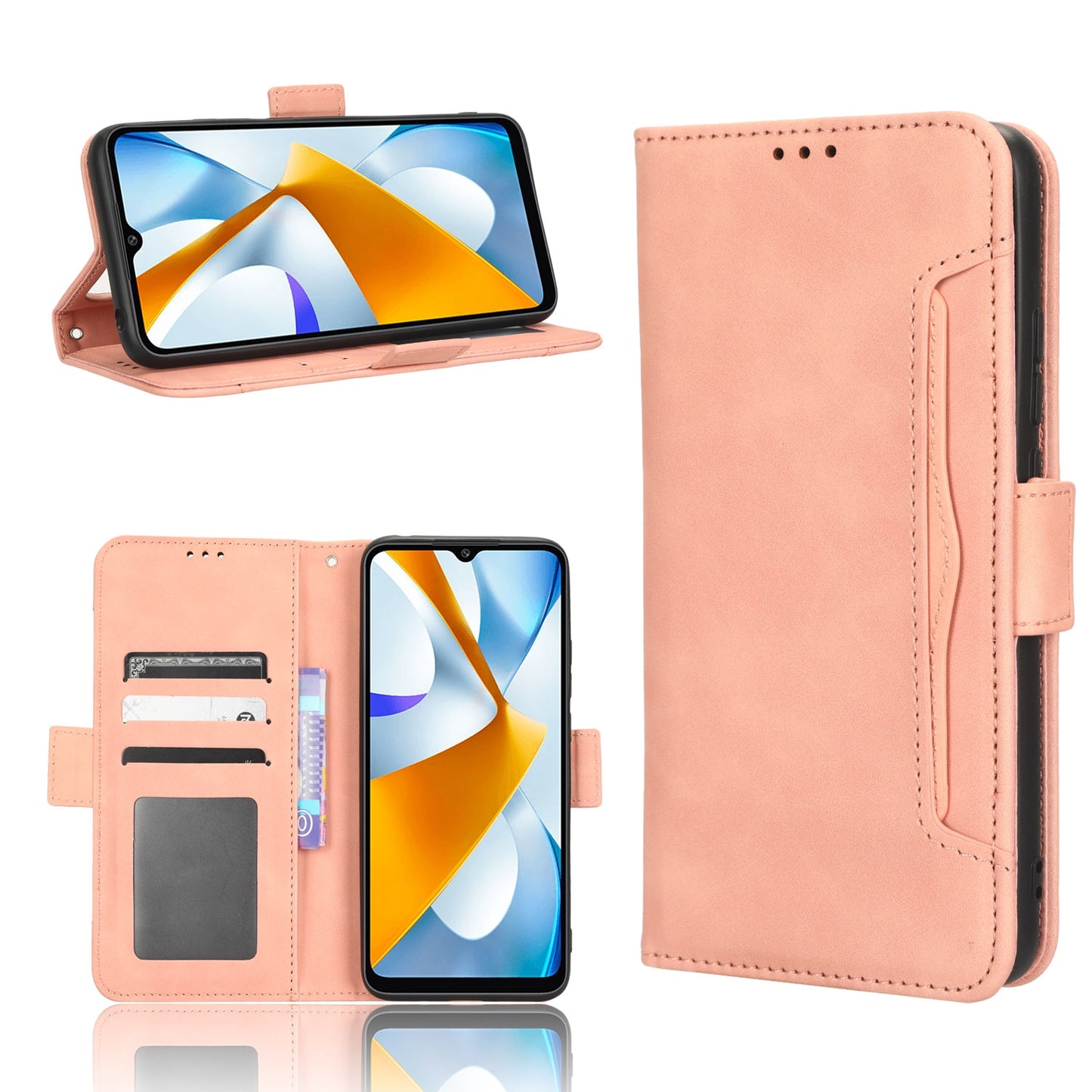Xiaomi Poco C40 Skin Feel PU Leather Wallet Phone Case with Card Slots, Cash Pocket, Magnetic Closure, Built-In Stand, Full Protection TPU Cover