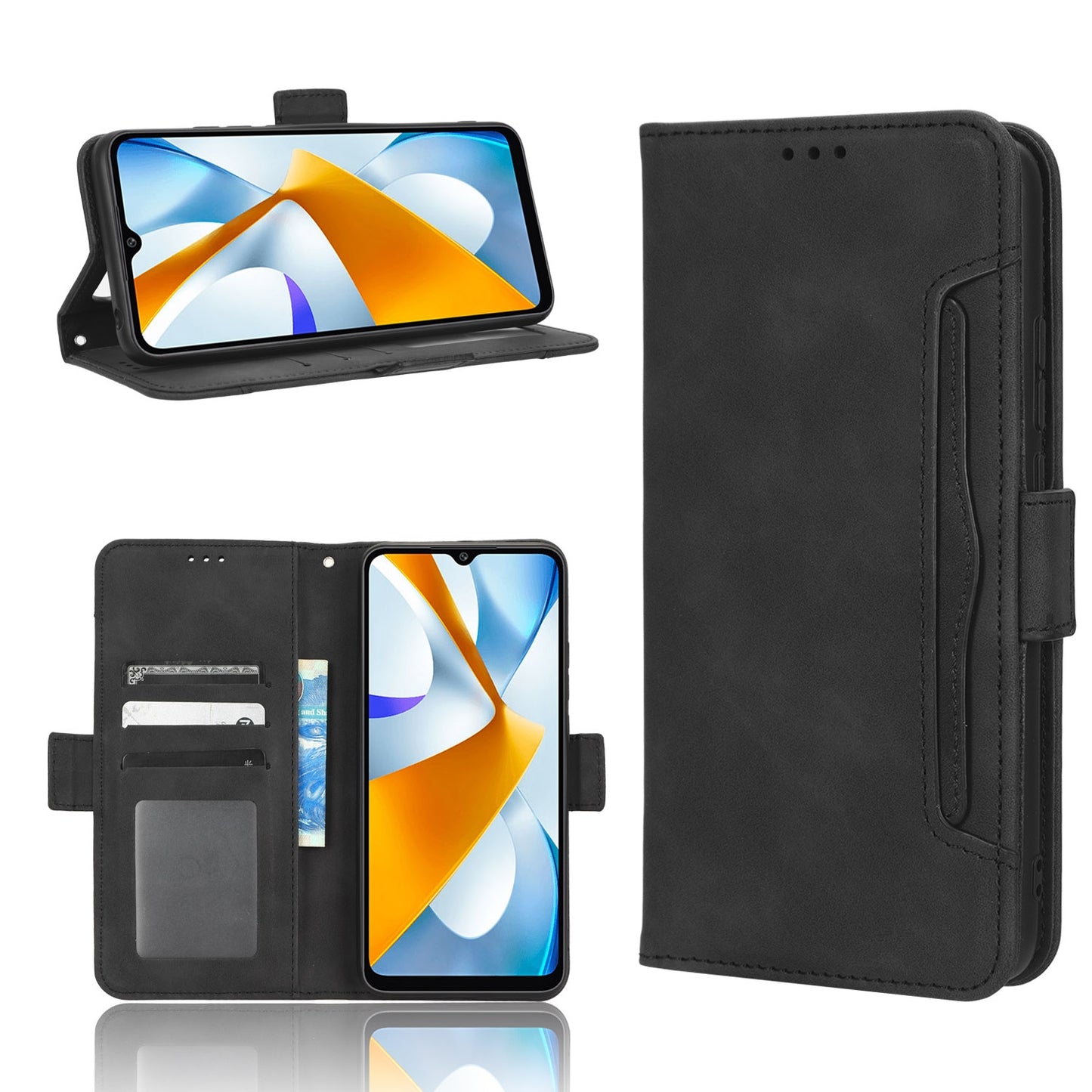 Xiaomi Poco C40 Skin Feel PU Leather Wallet Phone Case with Card Slots, Cash Pocket, Magnetic Closure, Built-In Stand, Full Protection TPU Cover